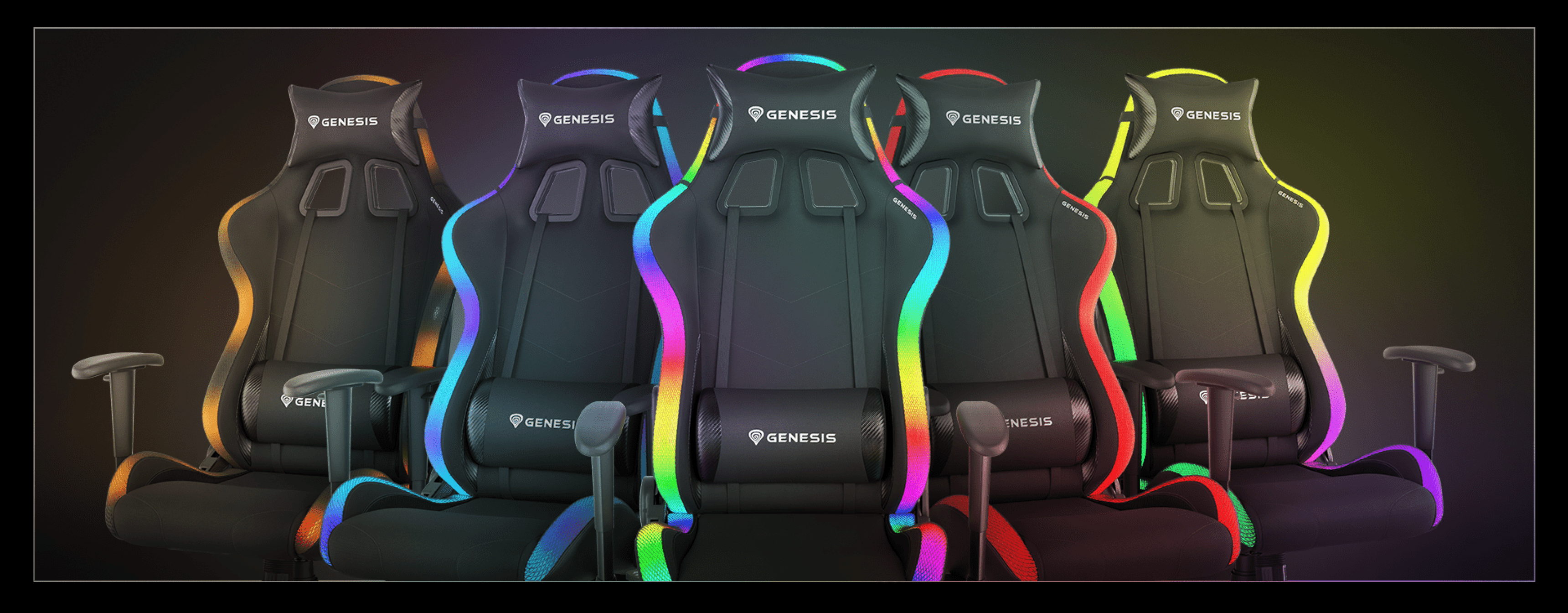 Four Genesis Trit 500 RGB gaming chairs in black, each featuring vibrant, colorful LED lighting along the edges