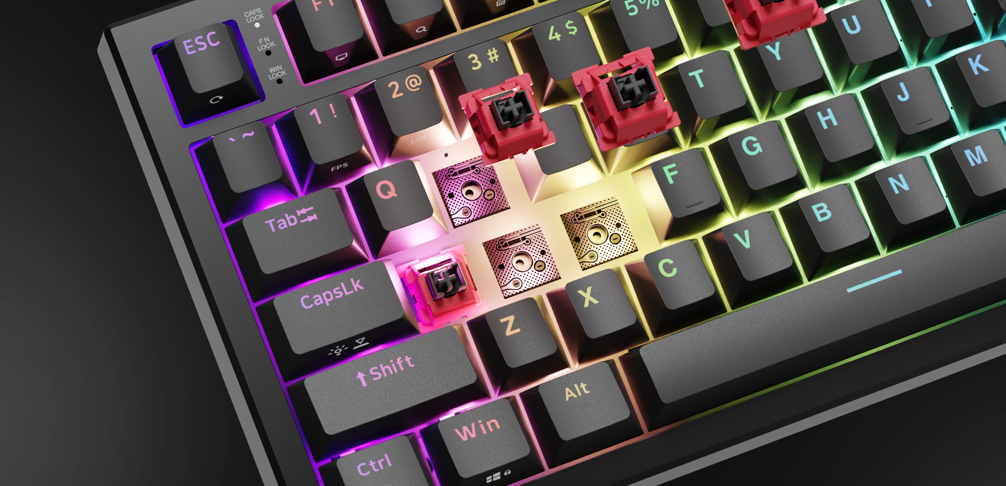 Keyboard with colorful backlighting and several key switches removed for customization.