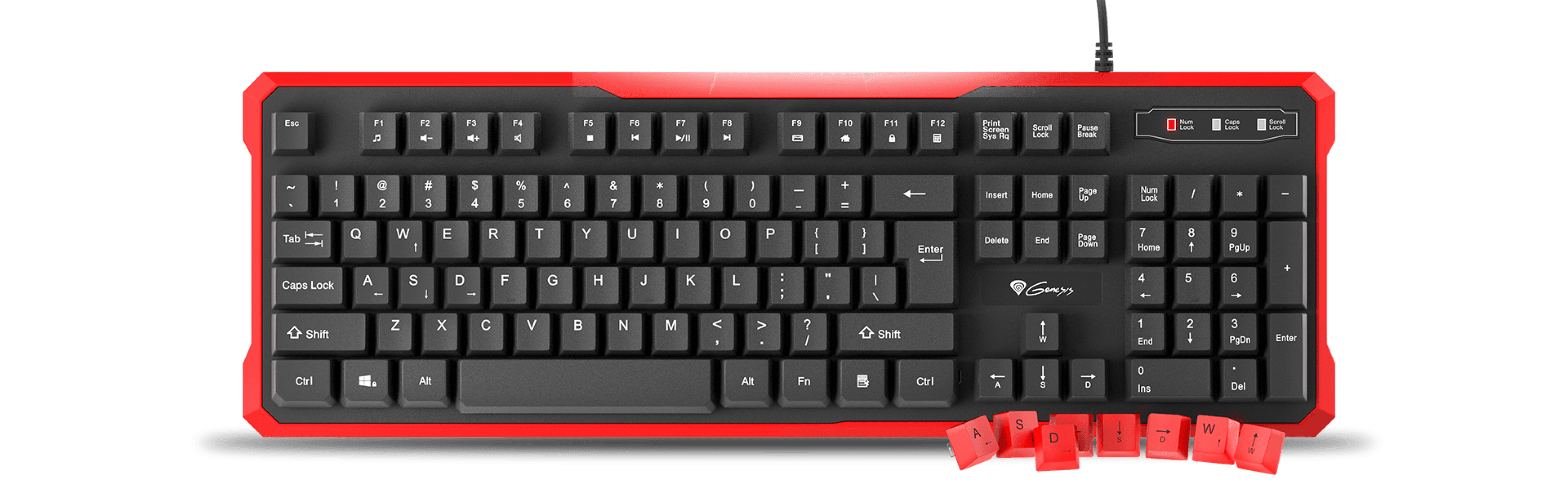 Black keyboard with red highlights and various keys, connected by a cable.