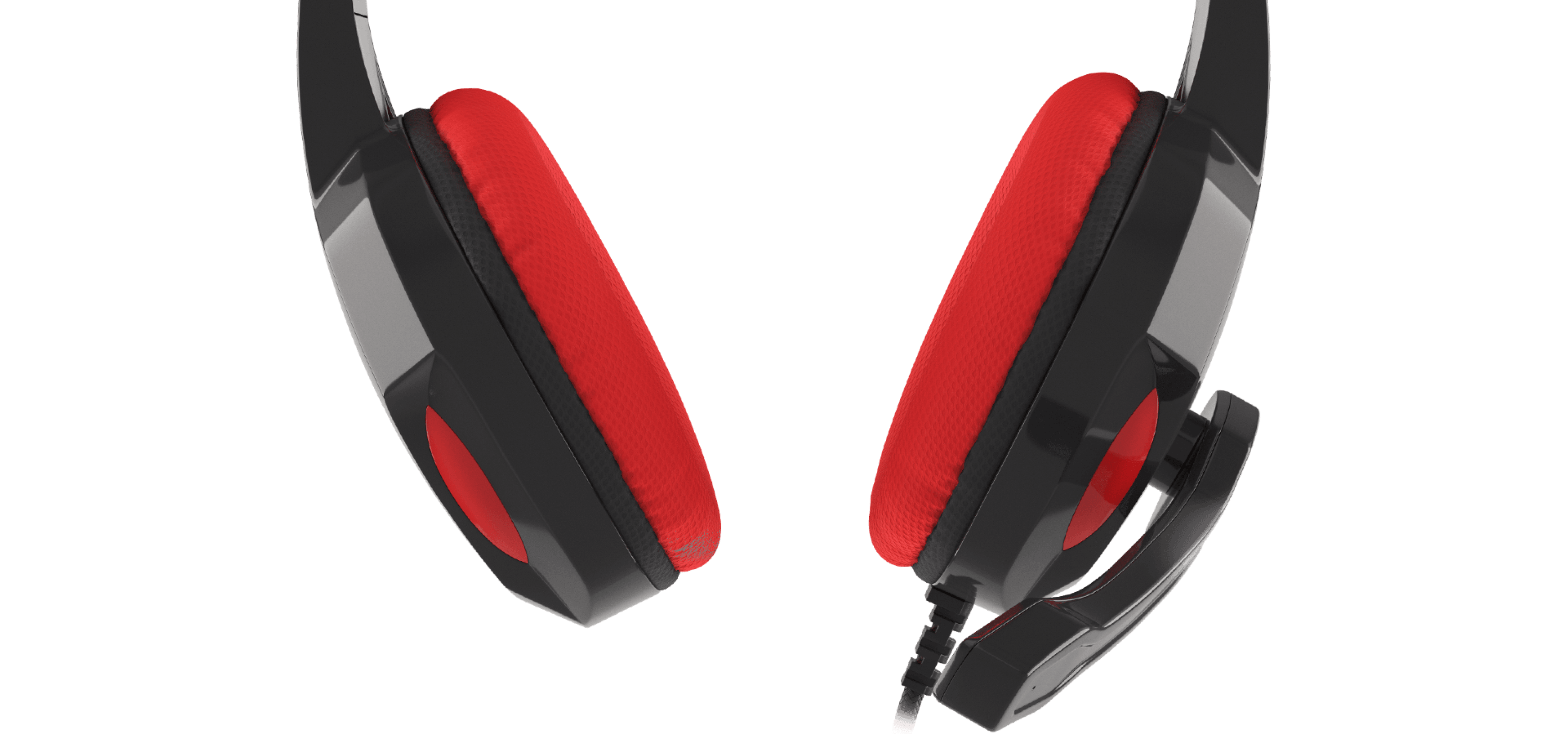 Headphones with red ear pads and a microphone attached to the side.