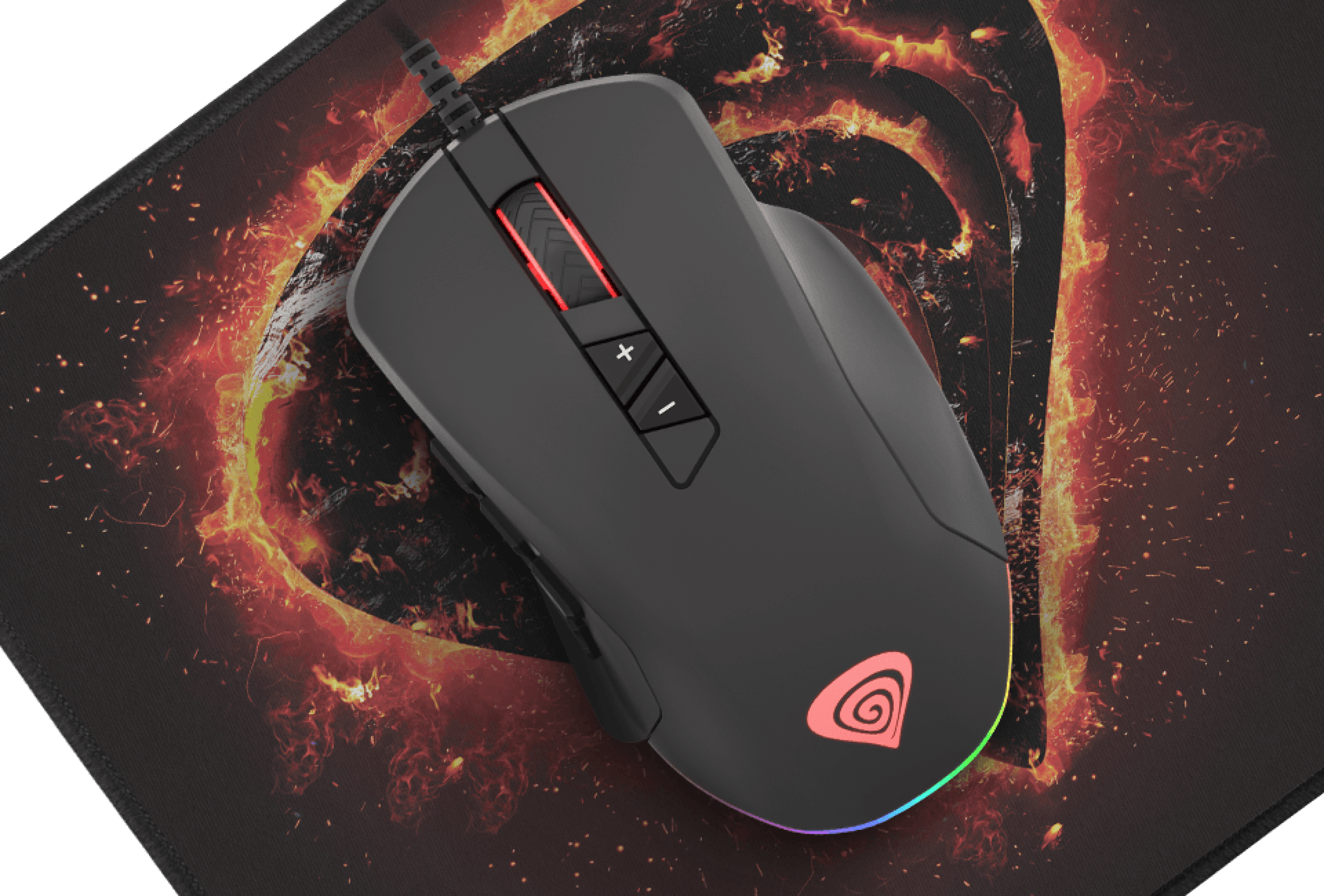 Gaming mouse with adjustable buttons on a dark and fiery mouse pad.