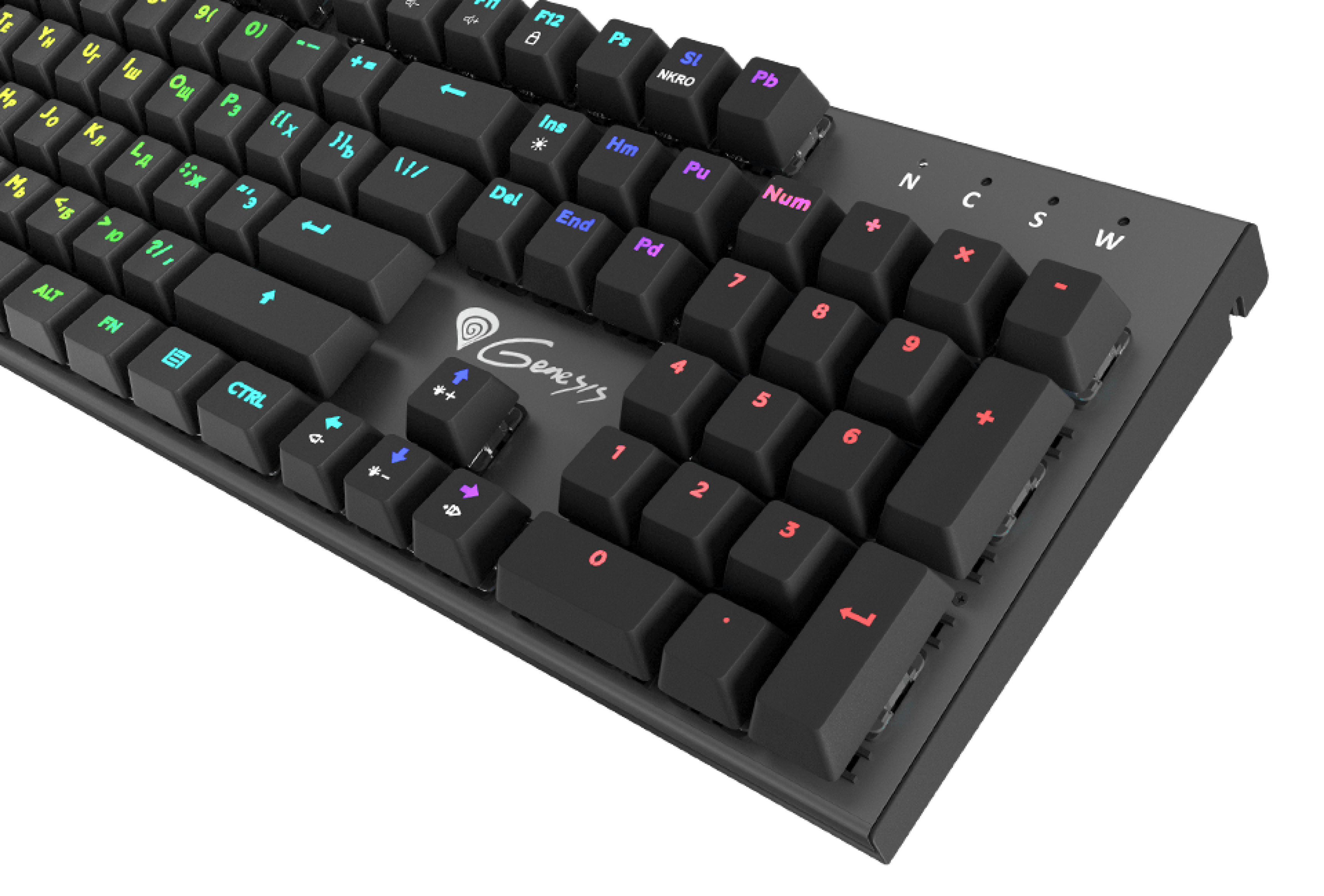 Keyboard with colorful backlit keys and a sleek design, featuring various function keys.