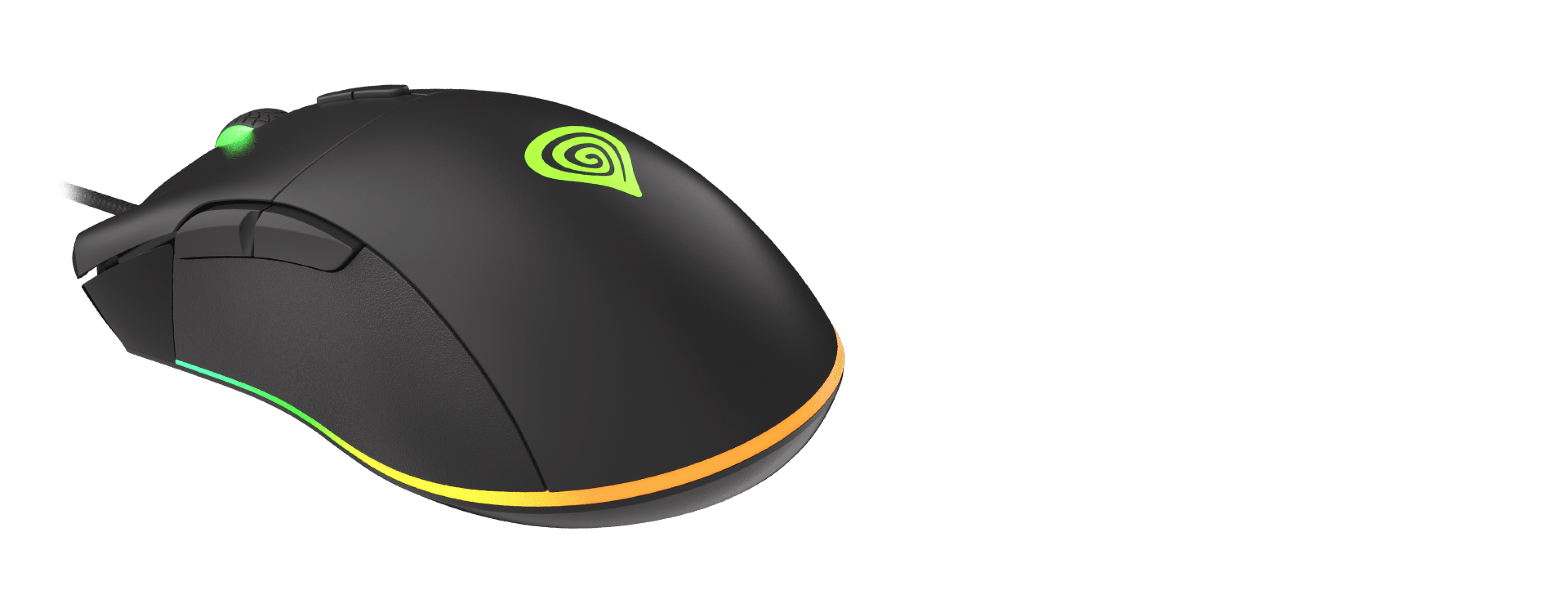 Black gaming mouse with RGB lighting, adjustable DPI up to 6400, featuring a green logo and programmable buttons