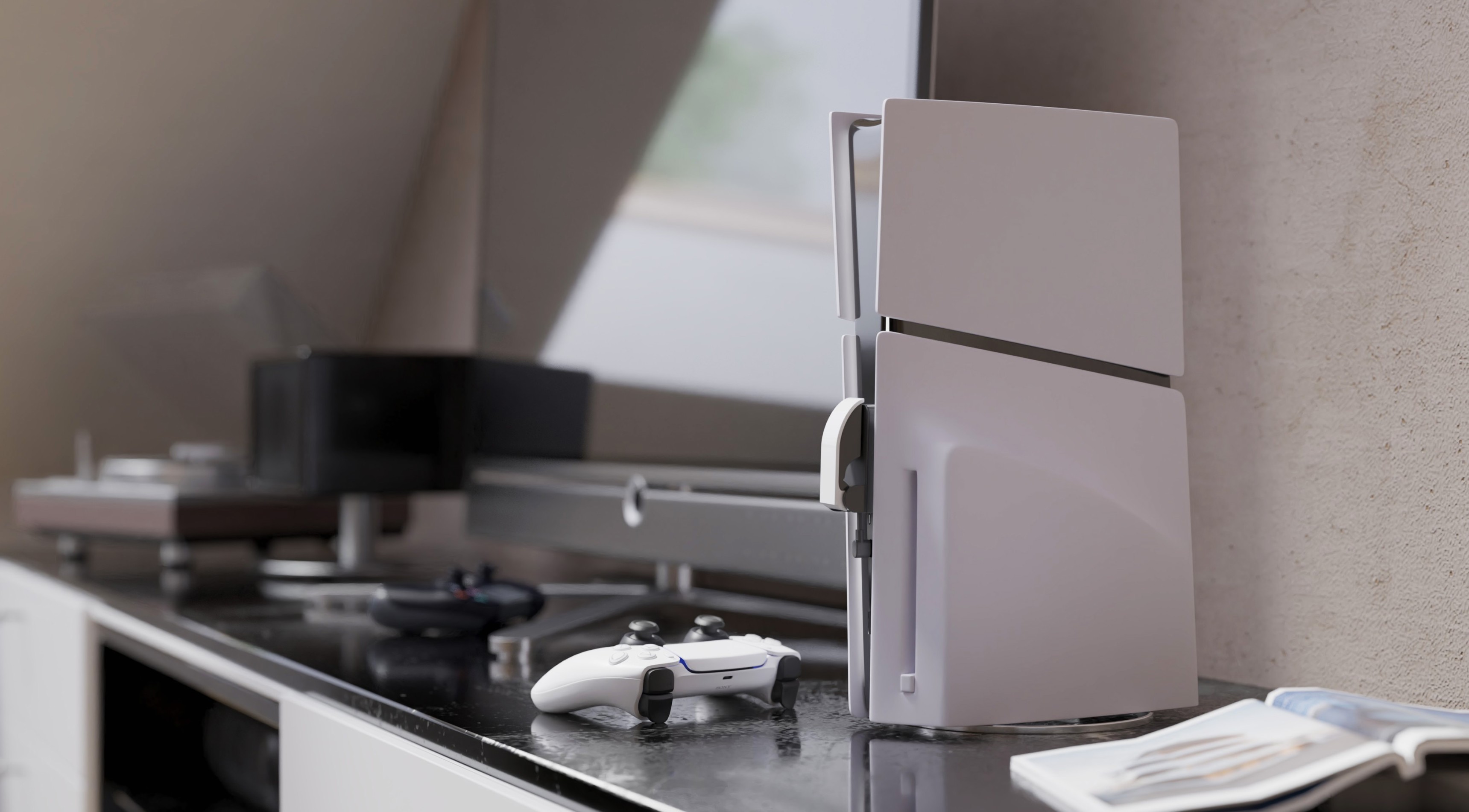 Charger for Genesis Tin 305 gamepads, designed for PS5 Slim, placed beside a gaming console on a sleek surface