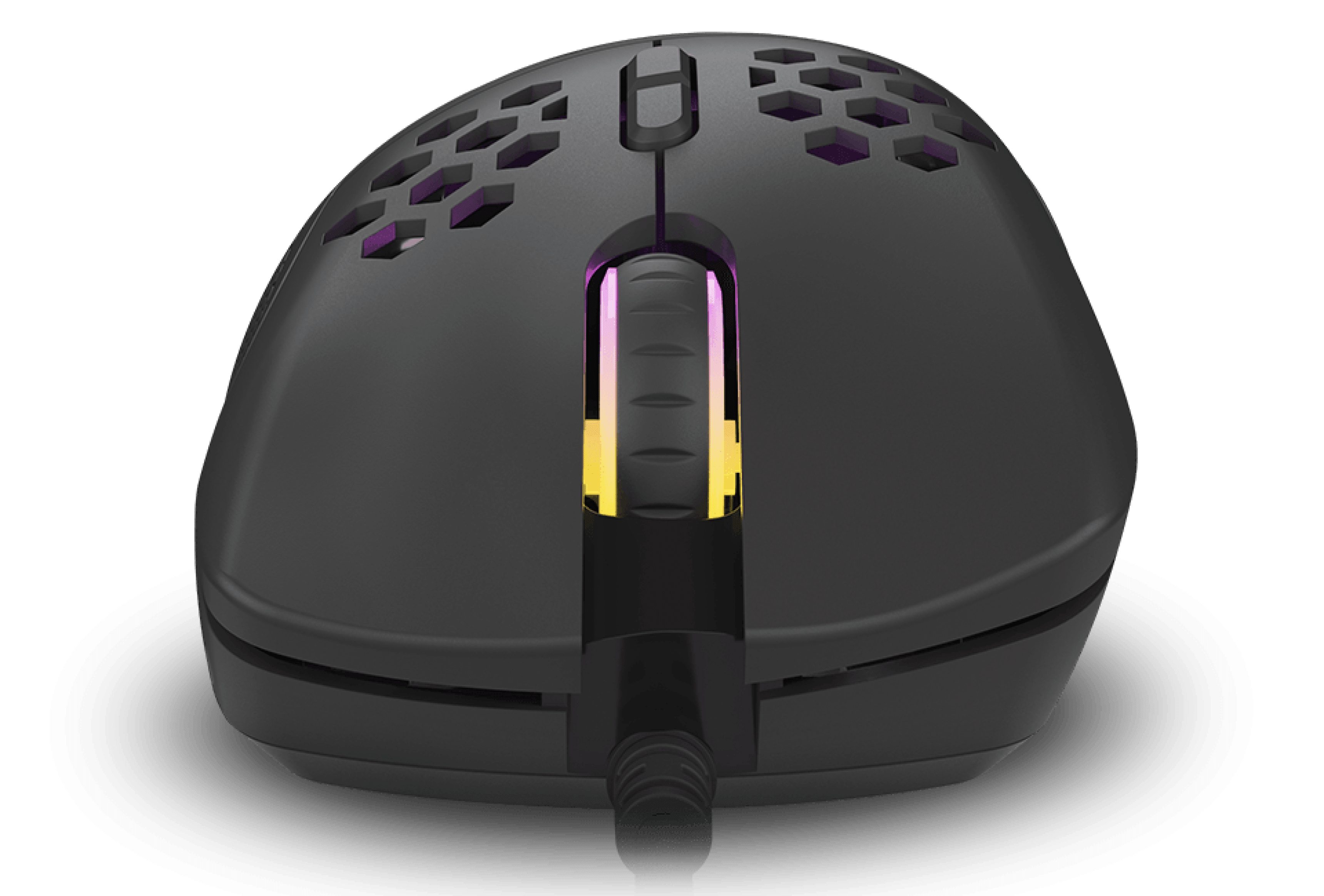 Lightweight black gaming mouse with RGB lighting, programmable features, and 8000 DPI sensitivity, featuring a honeycomb design