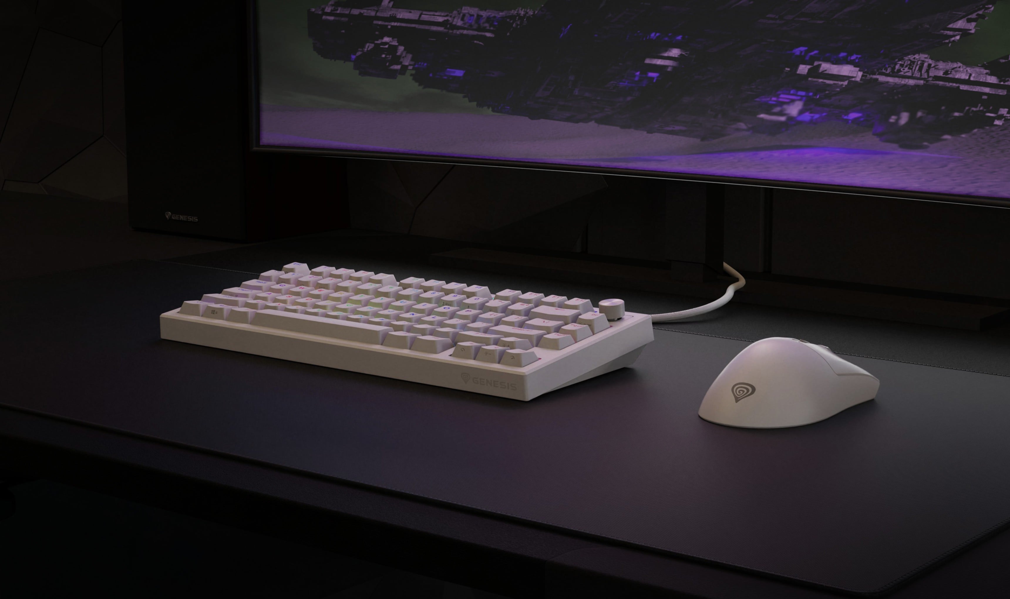 White keyboard with a connection cable and a matching mouse on a dark desk.