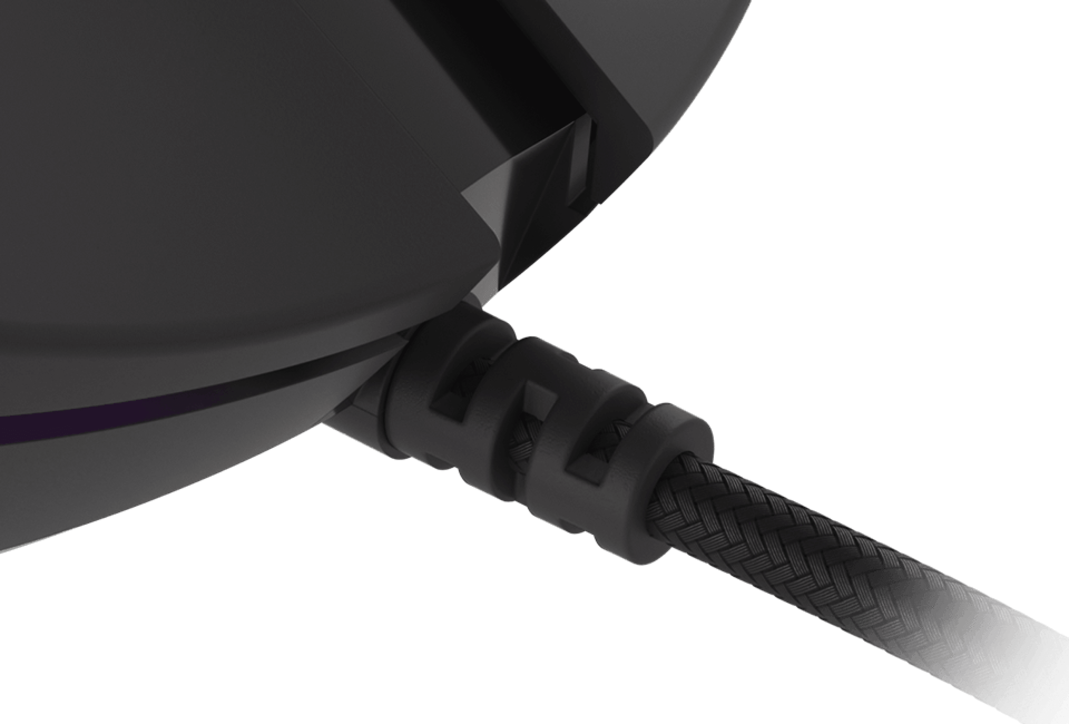 Close-up of a black gaming mouse with a braided cable and a connector detail, featuring a sleek design and RGB elements
