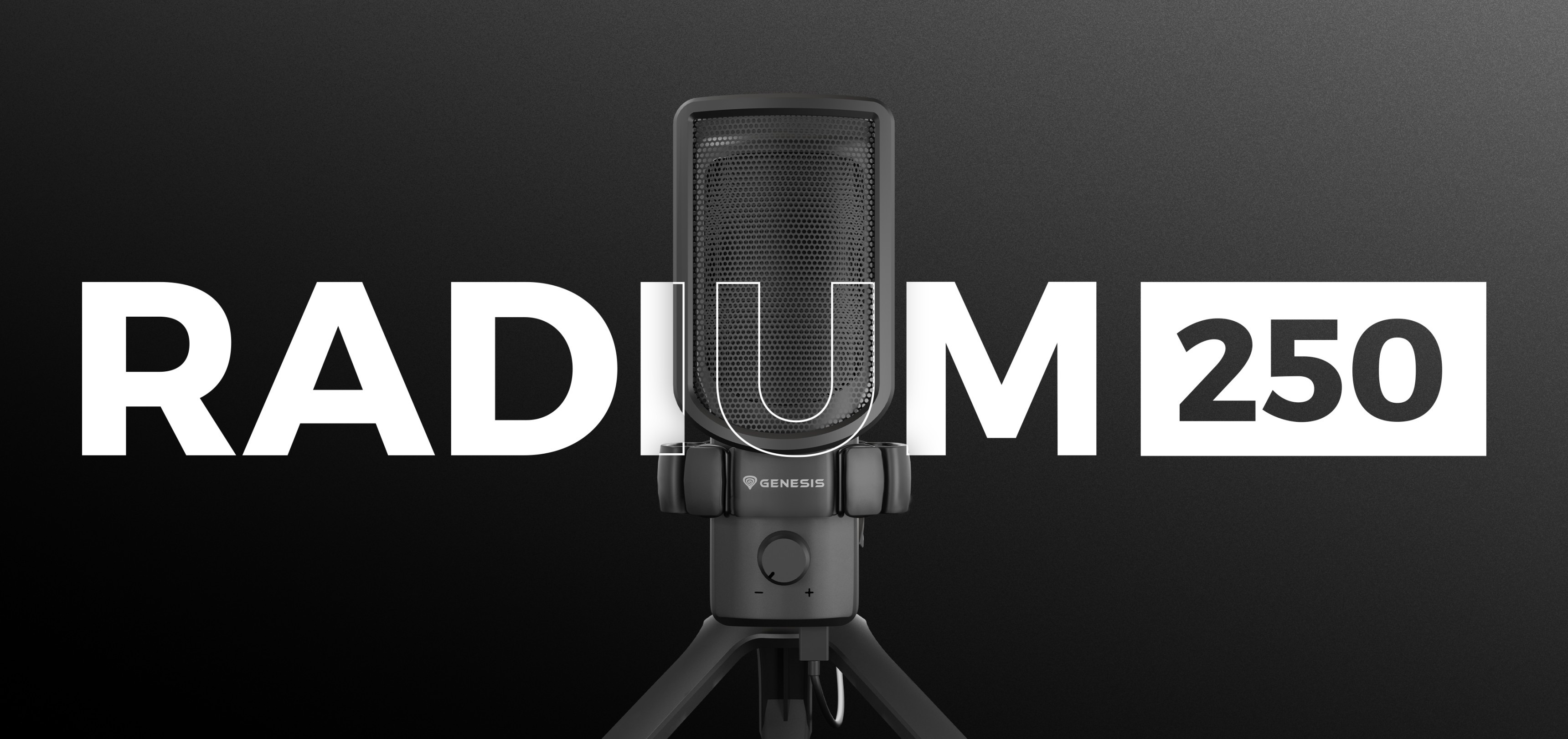 Black USB microphone Genesis Radium 250 with a tripod stand, displayed alongside the text "RADIUM 250."