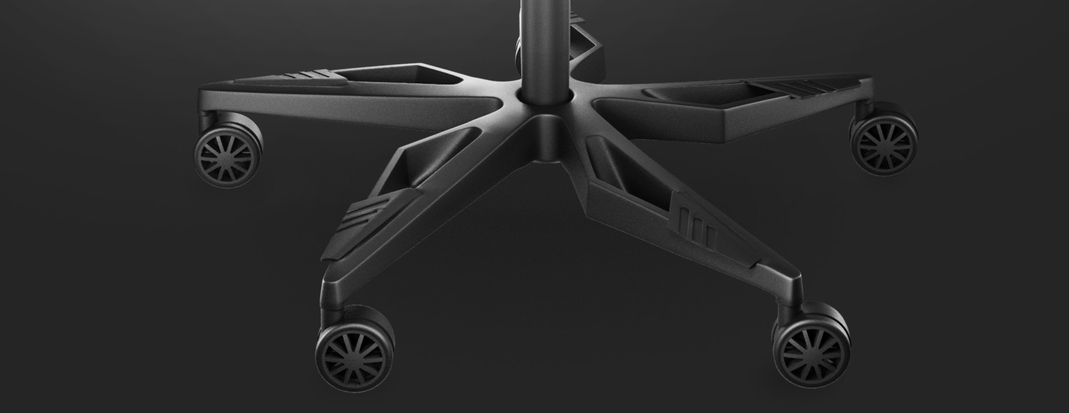 Black ergonomic chair base with a star-shaped design and rolling wheels