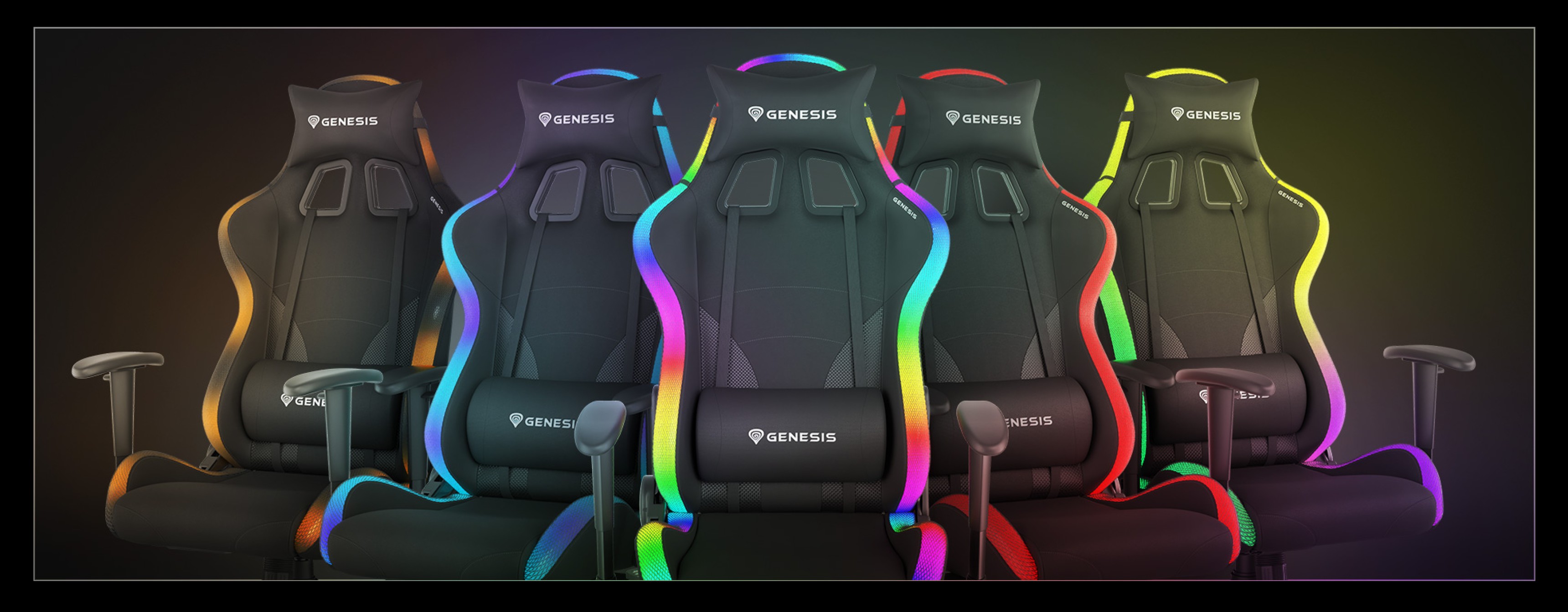 Four gaming chairs with adjustable armrests and colorful glowing edges in a dark background.
