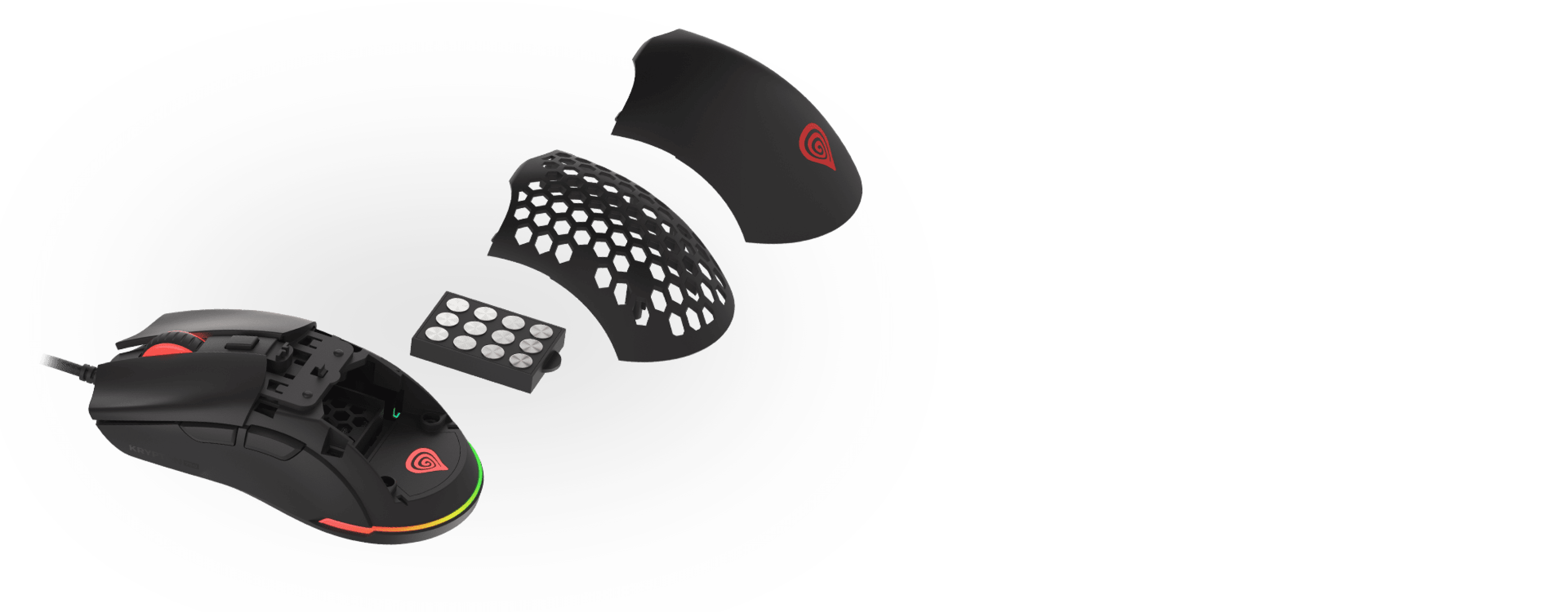 Black gaming mouse Genesis Krypton 750, featuring an 8000 DPI sensor, with customizable components displayed separately