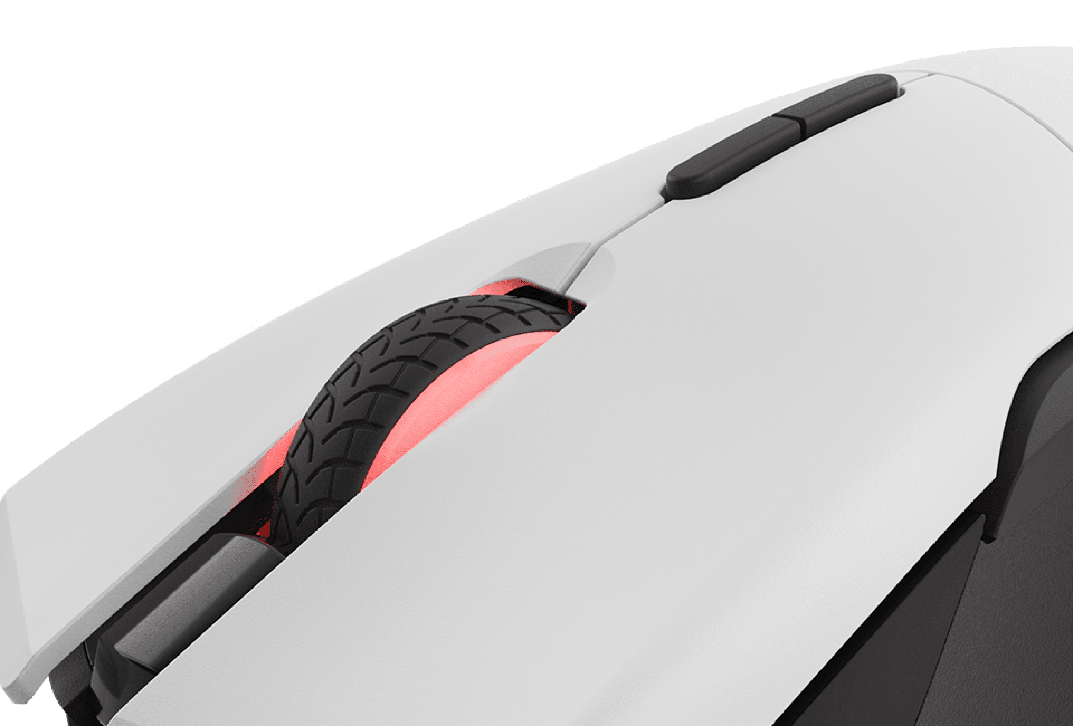 Gaming mouse with a streamlined white design, featuring a red illuminated wheel and programmable buttons on top