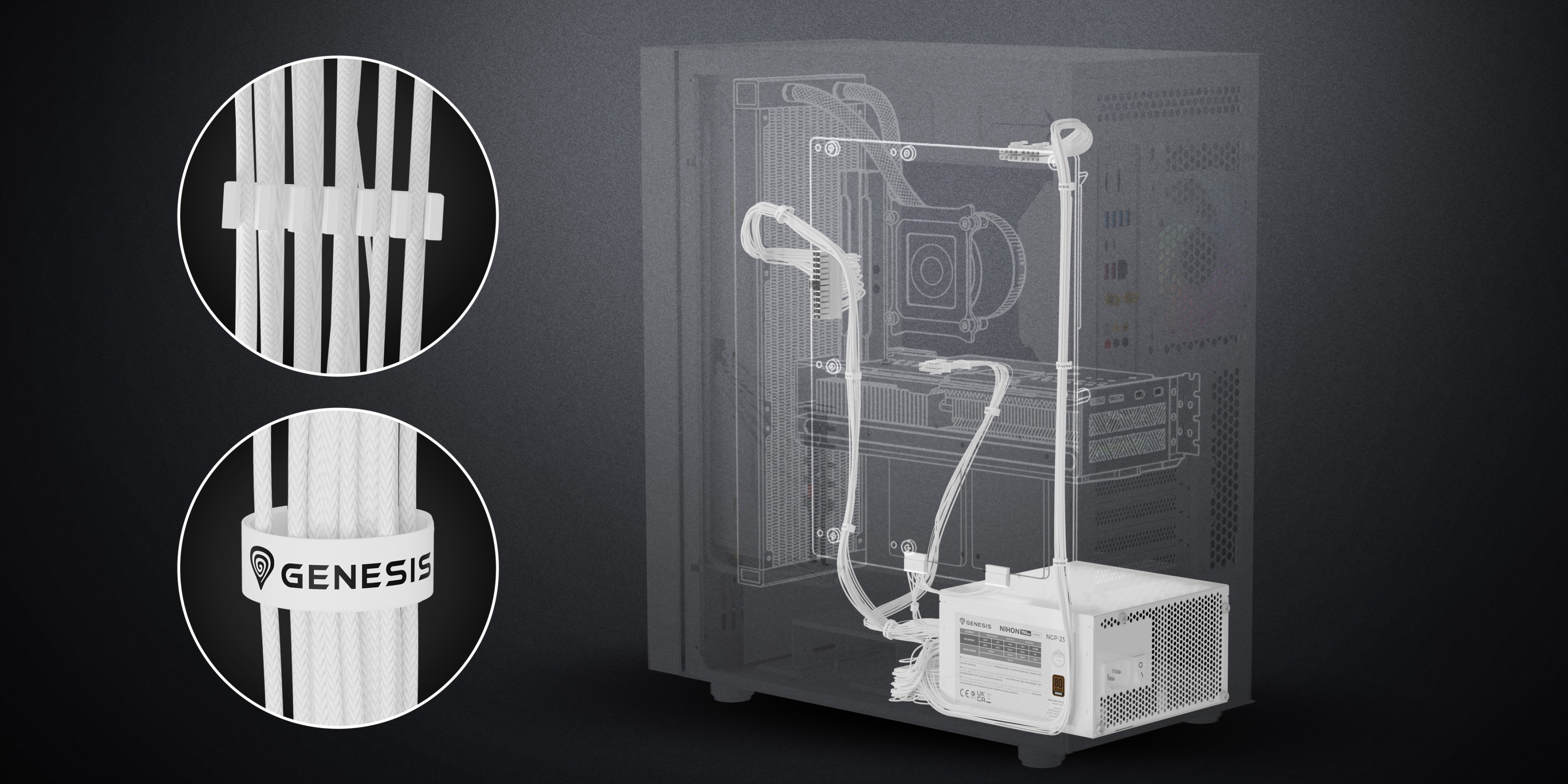 Computer case showing internal components with organized white cables and branded cable ties.
