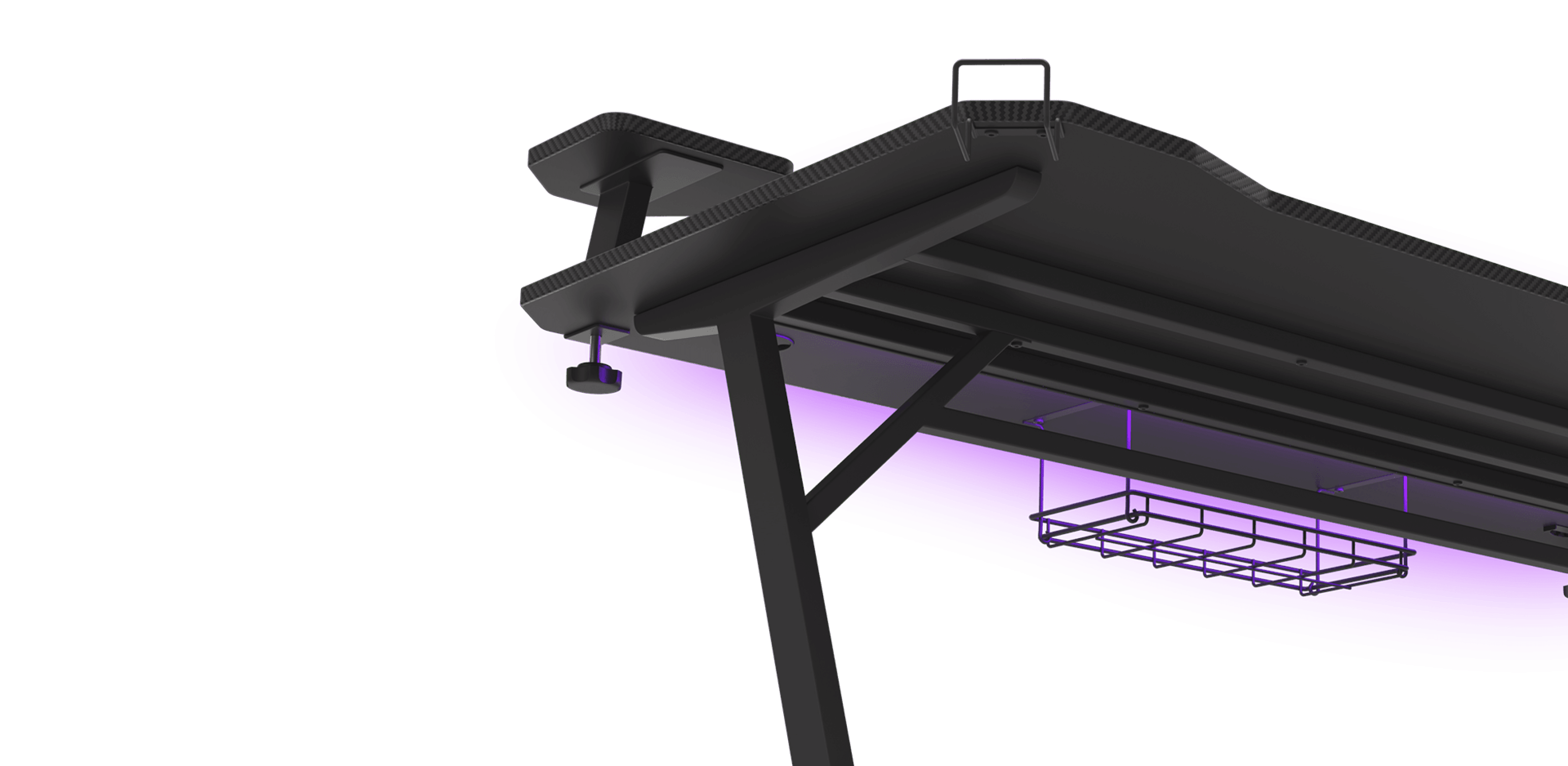 Close-up of the Genesis Holm 510 RGB gaming desk, showcasing its sleek black design and under-desk RGB lighting