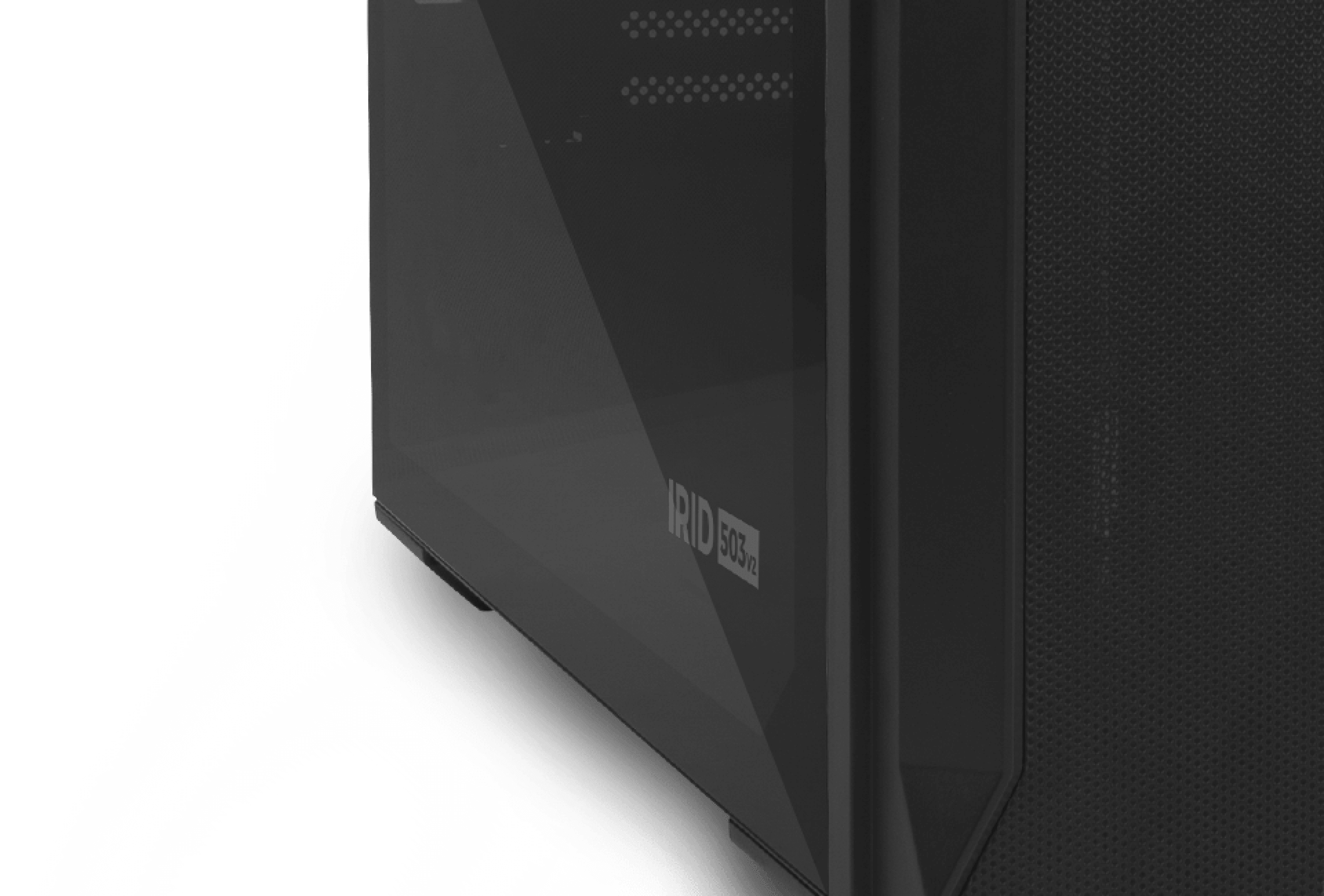 Black Genesis Irid 503 V2 MATX mini tower case with a transparent side panel and mesh front for airflow