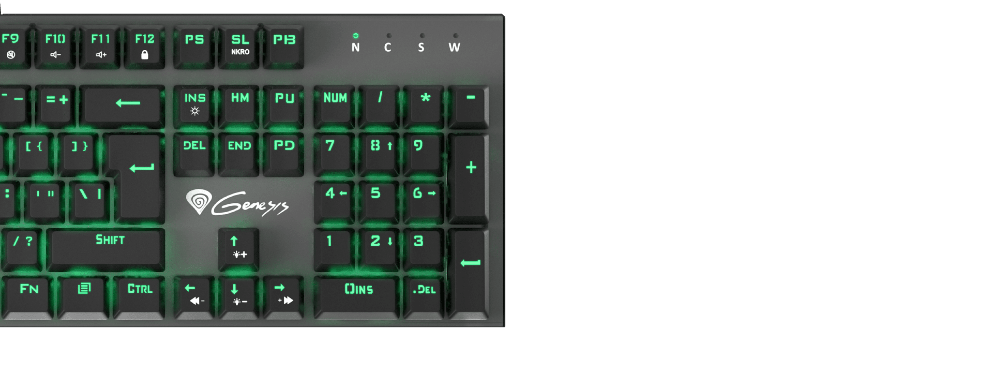 Gaming keyboard with illuminated keys in green color and a compact layout.