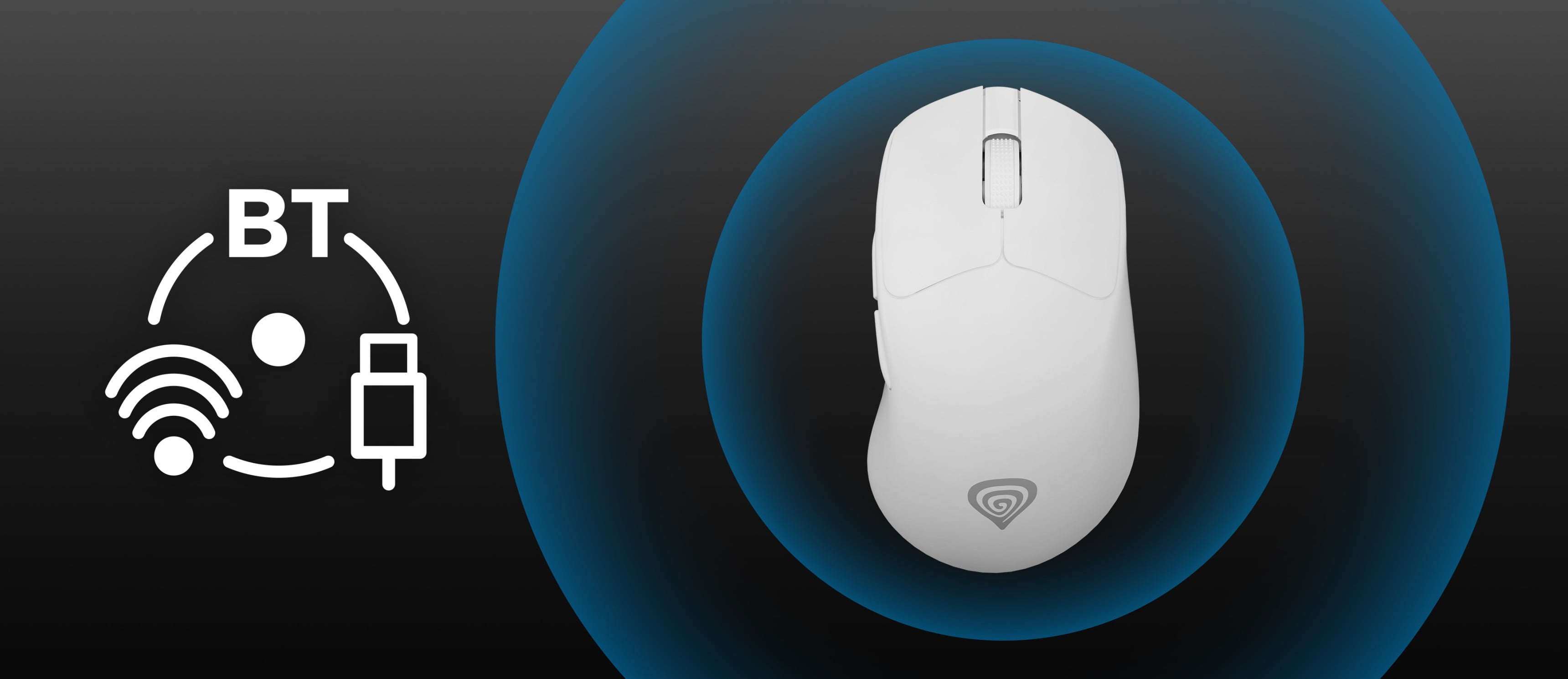 A white computer mouse centered on a dark background with glowing blue circles.