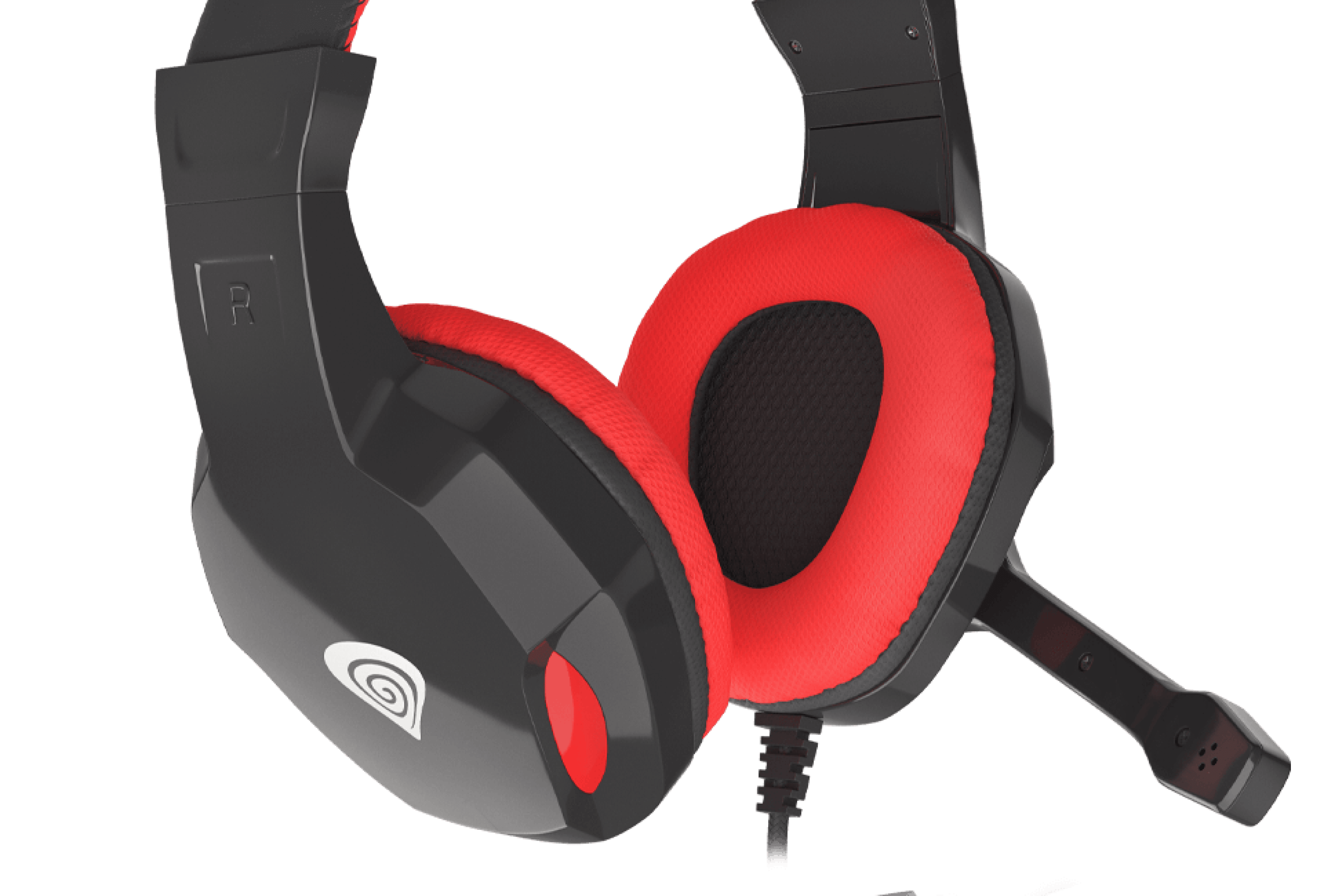 Headphones with a black exterior and red ear cushions featuring a detachable microphone.