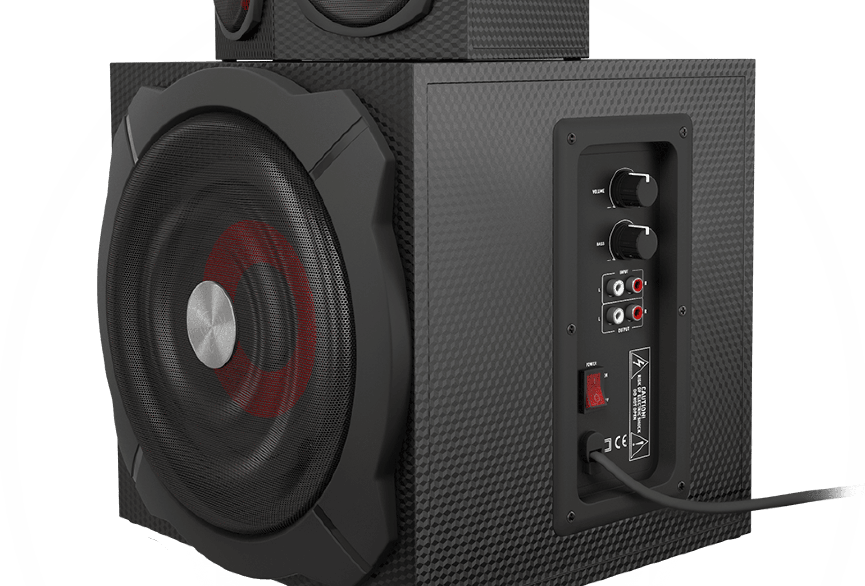 Subwoofer with a large speaker and rear connection ports for audio input.