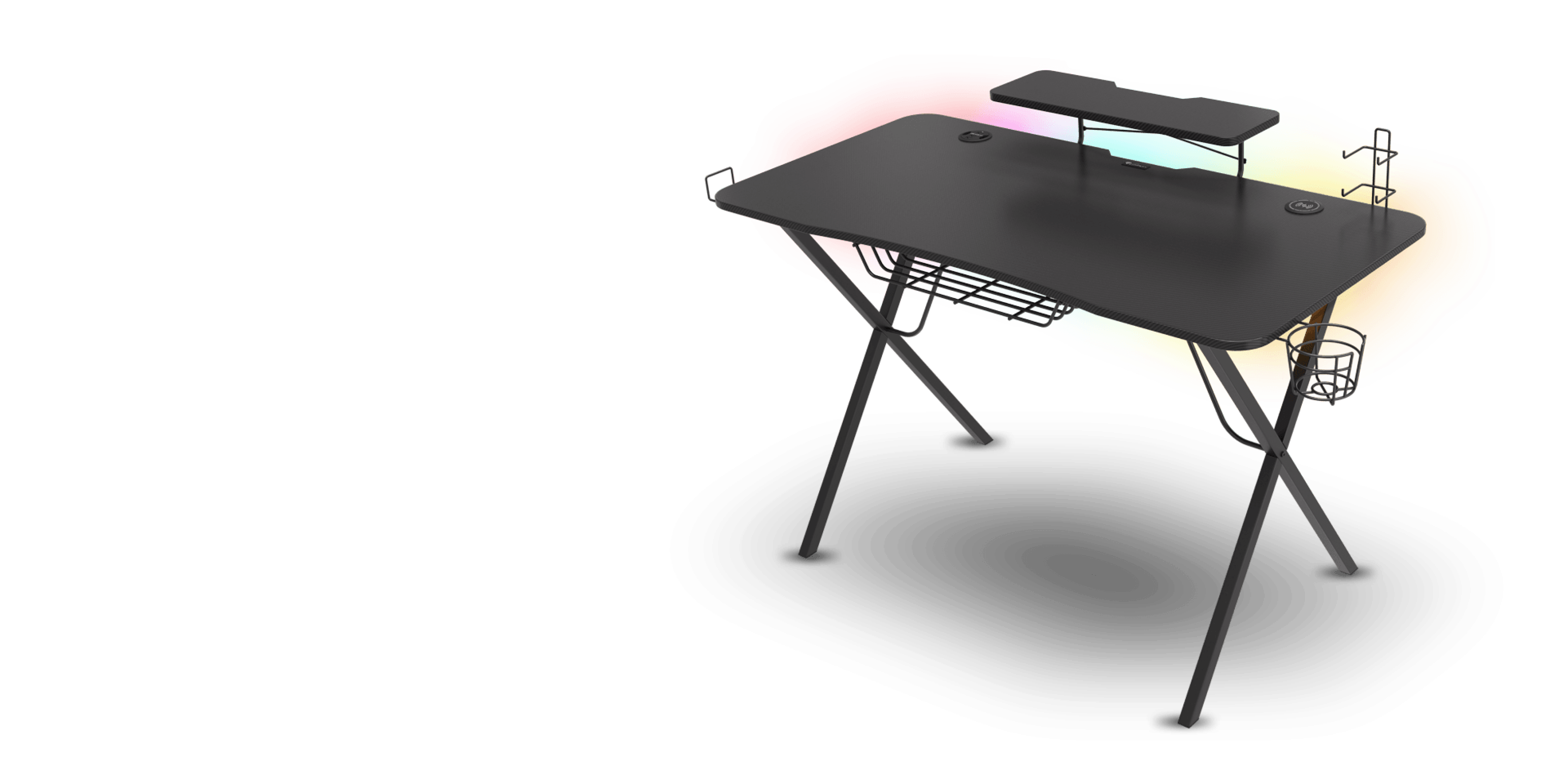Black gaming desk with RGB lighting, featuring a raised platform, cable management, and sturdy metal legs