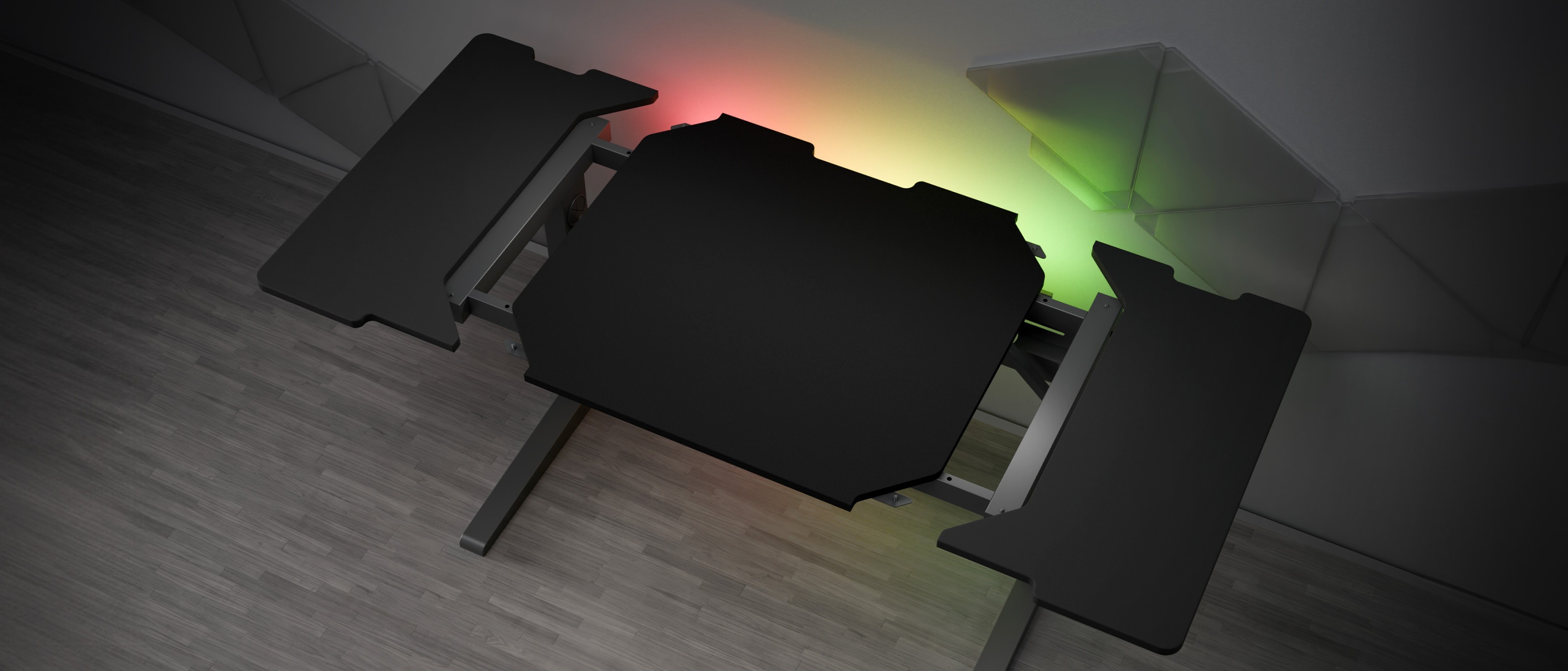 Black modular desk side panel with RGB lighting, designed for the Genesis Holm desk system, viewed from above