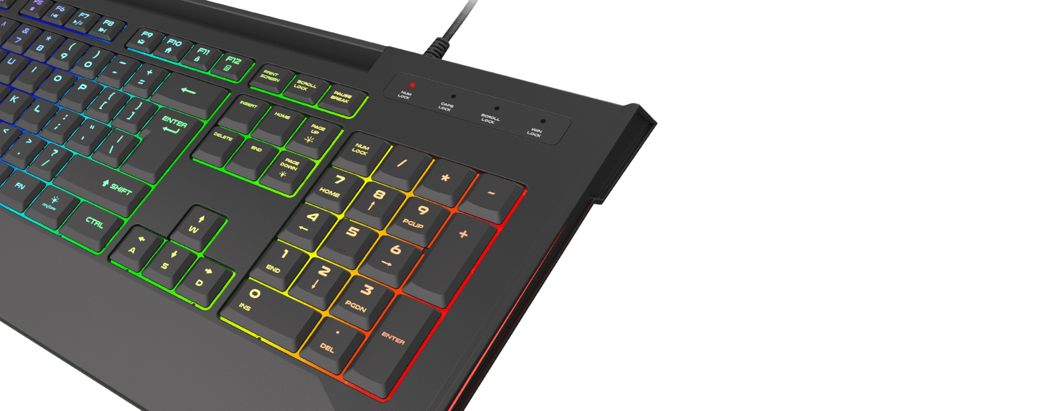Slim gaming keyboard with RGB lighting, featuring scissor switches and a sleek design, shown from an angled perspective