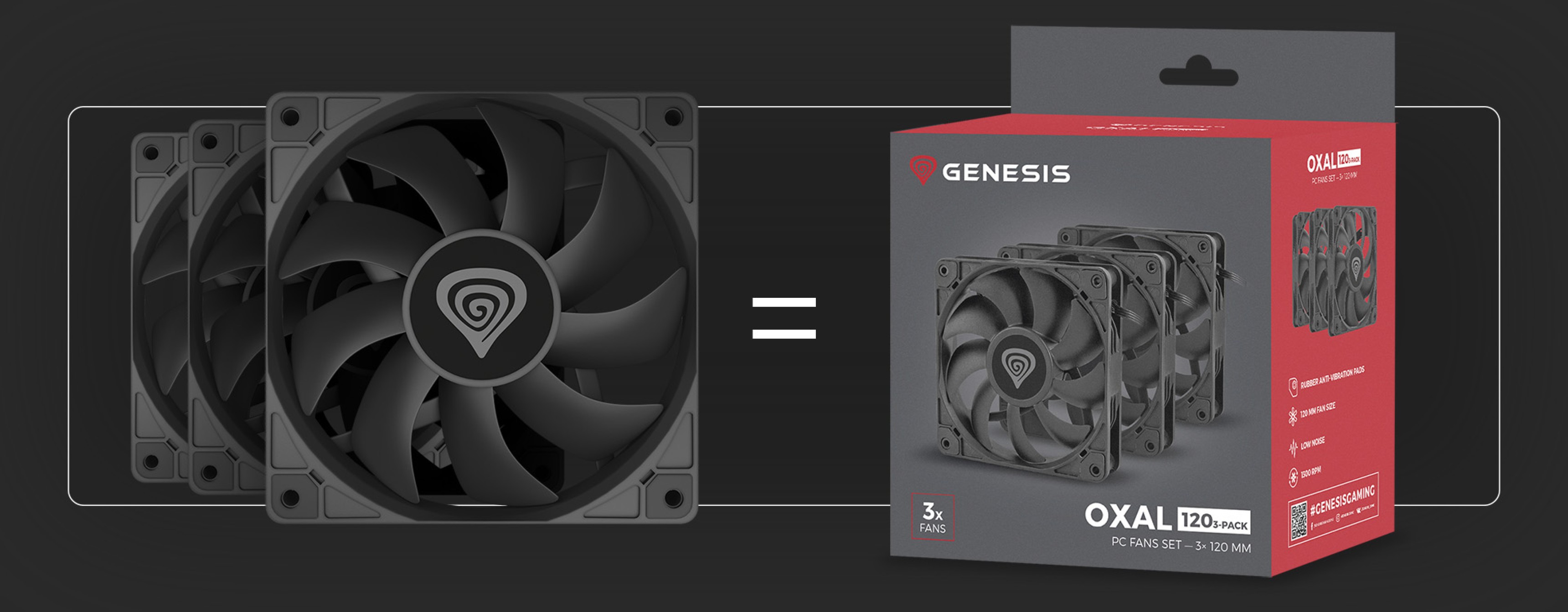 Black Genesis Oxal 120 fan trio displayed alongside their packaging, highlighting cooling performance for PC setups