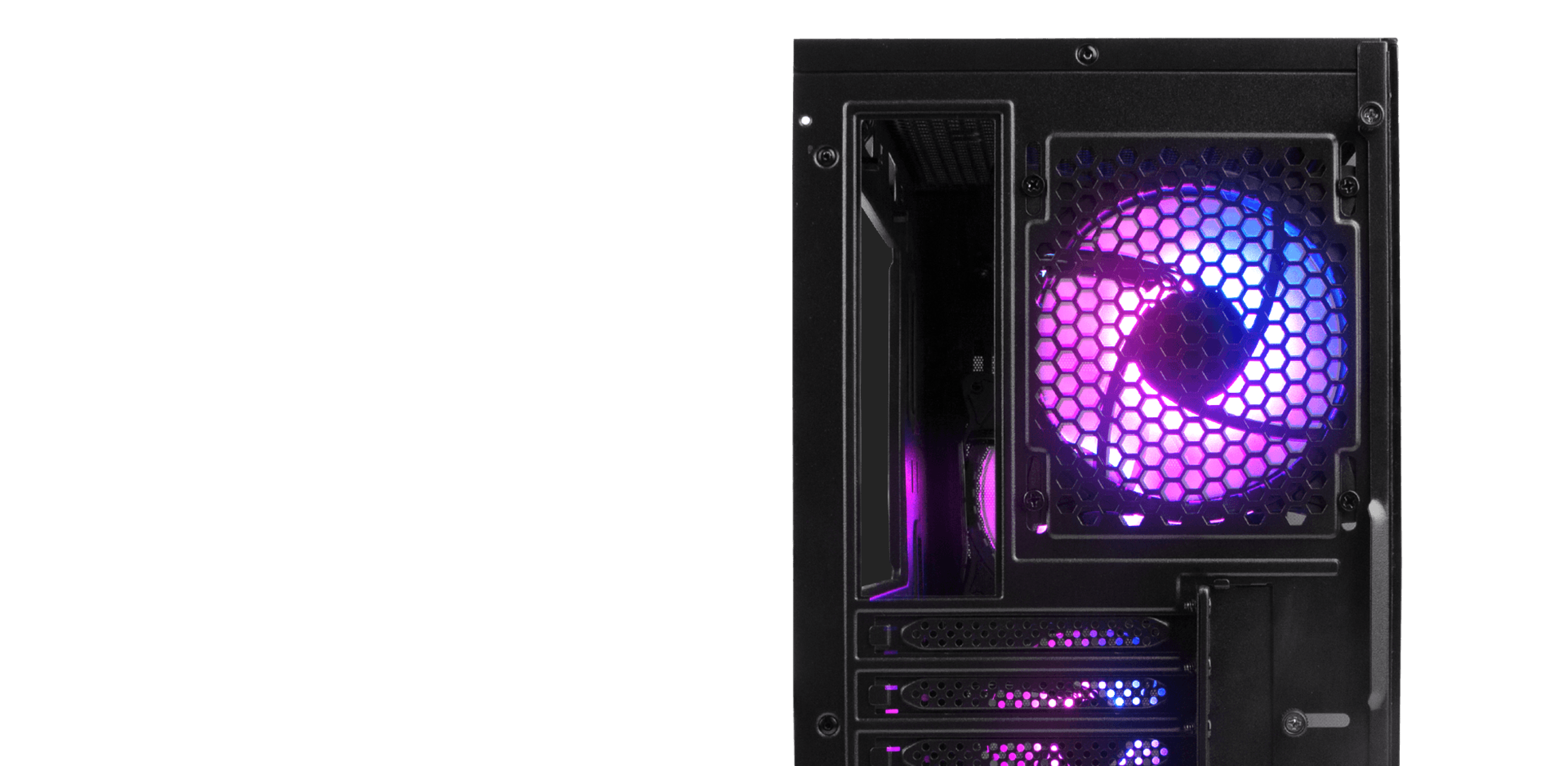 Computer case featuring a large fan with colorful lighting and a mesh front panel.