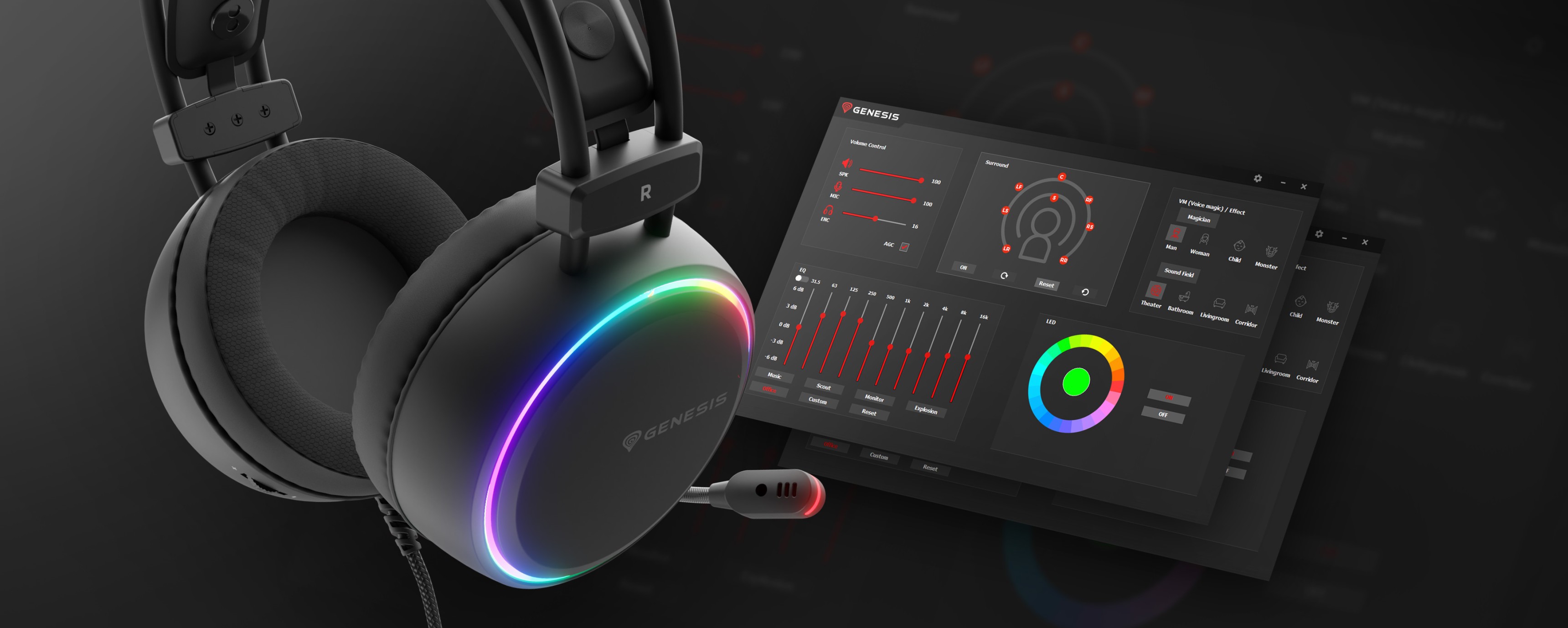 Black over-ear headphones with colorful glowing lights and an audio settings interface.