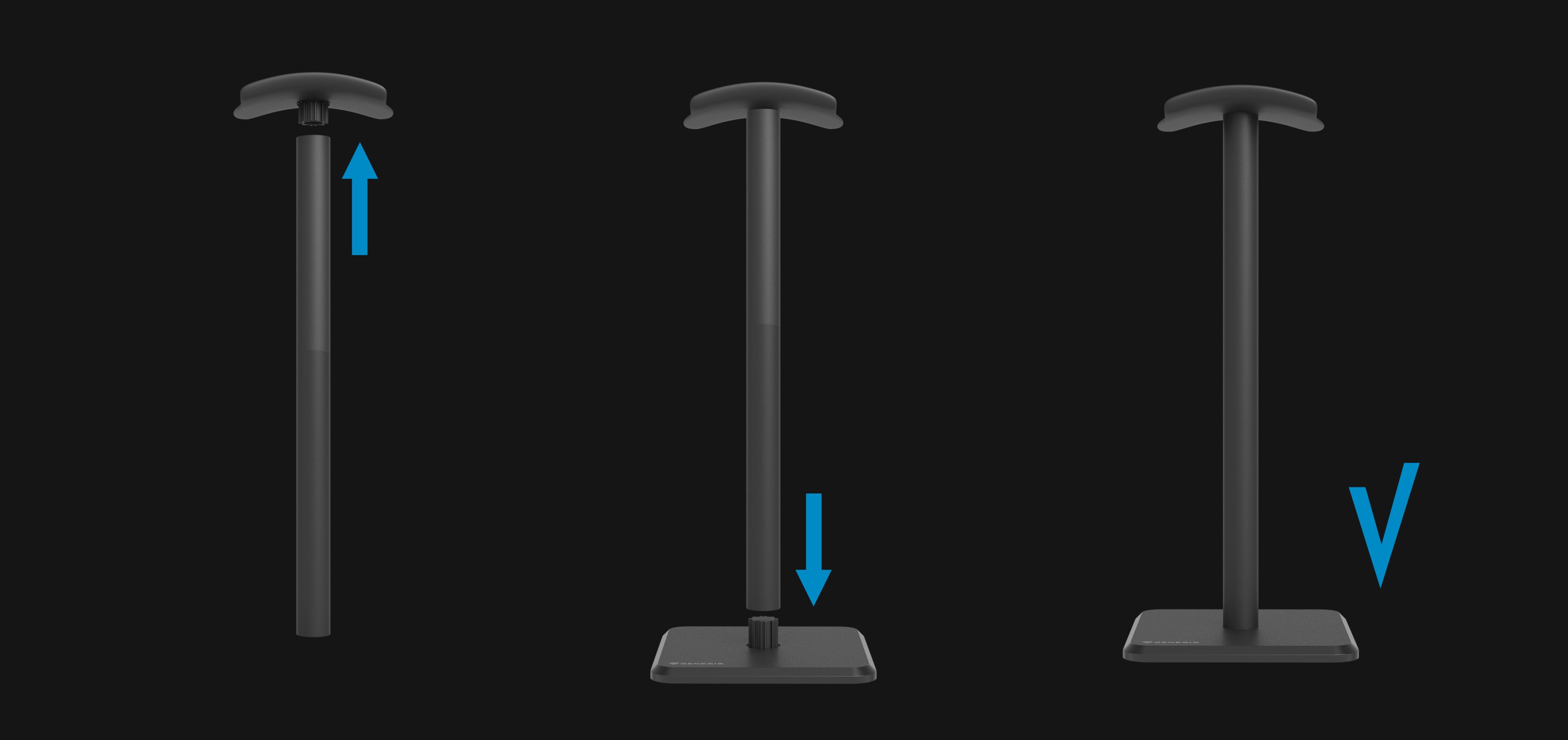 Headphone stand with adjustable height, featuring a stable base and a simple black design. Suitable for organizing headphones