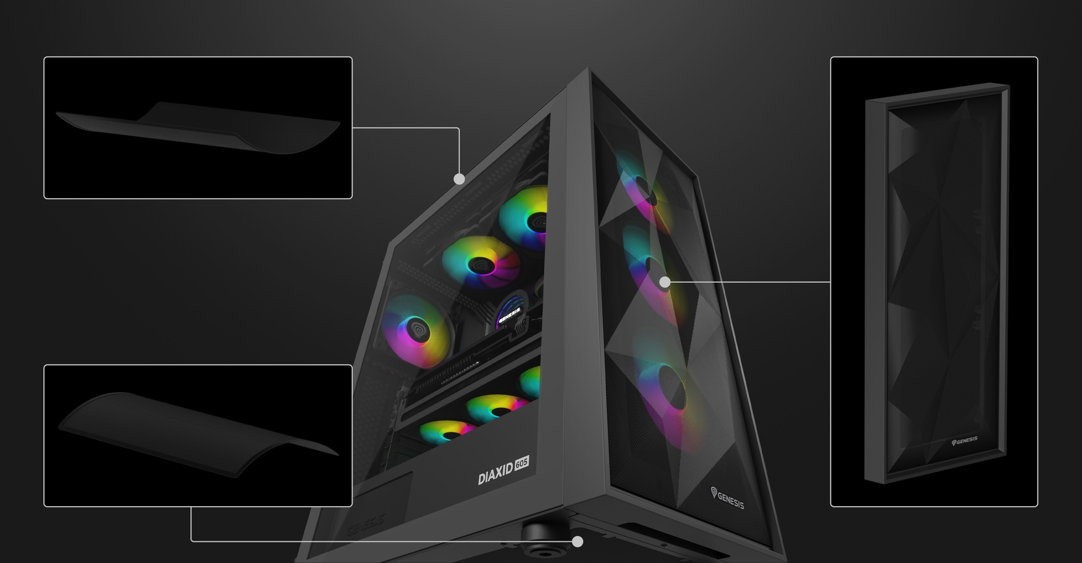 Black midi tower case with glass side panel and colorful internal lights features