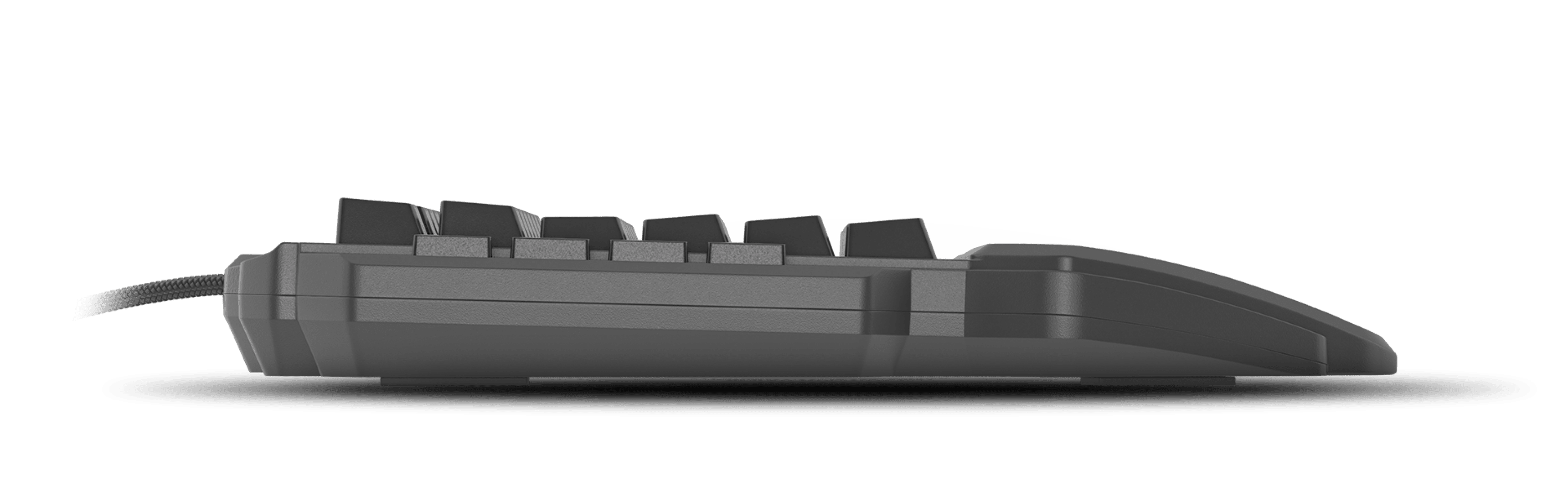 Side view of a keyboard with a curved design and visible keys along the top.