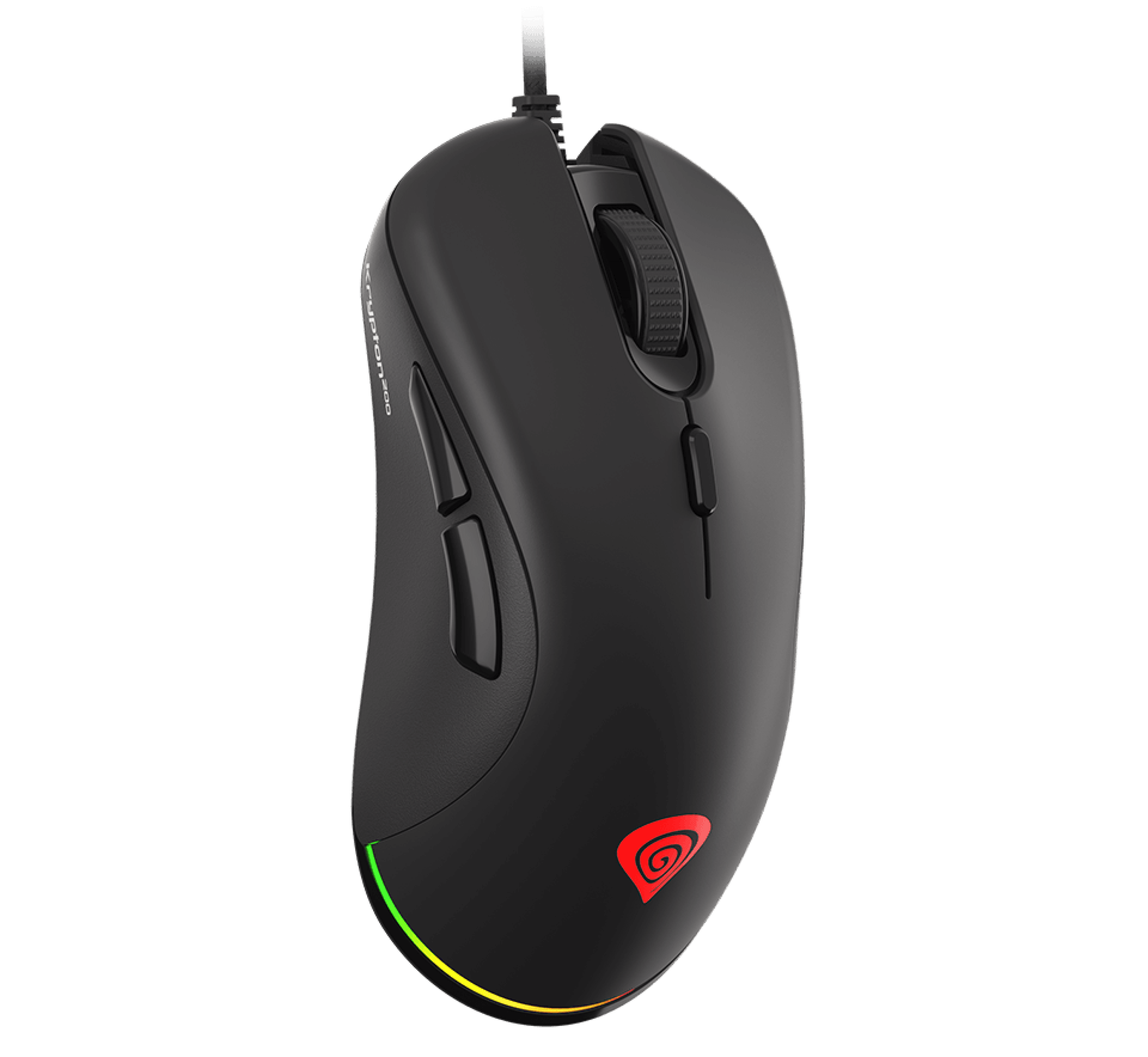 Black gaming mouse with adjustable 6400 DPI, featuring a smooth scroll wheel, side buttons, and a silent click design