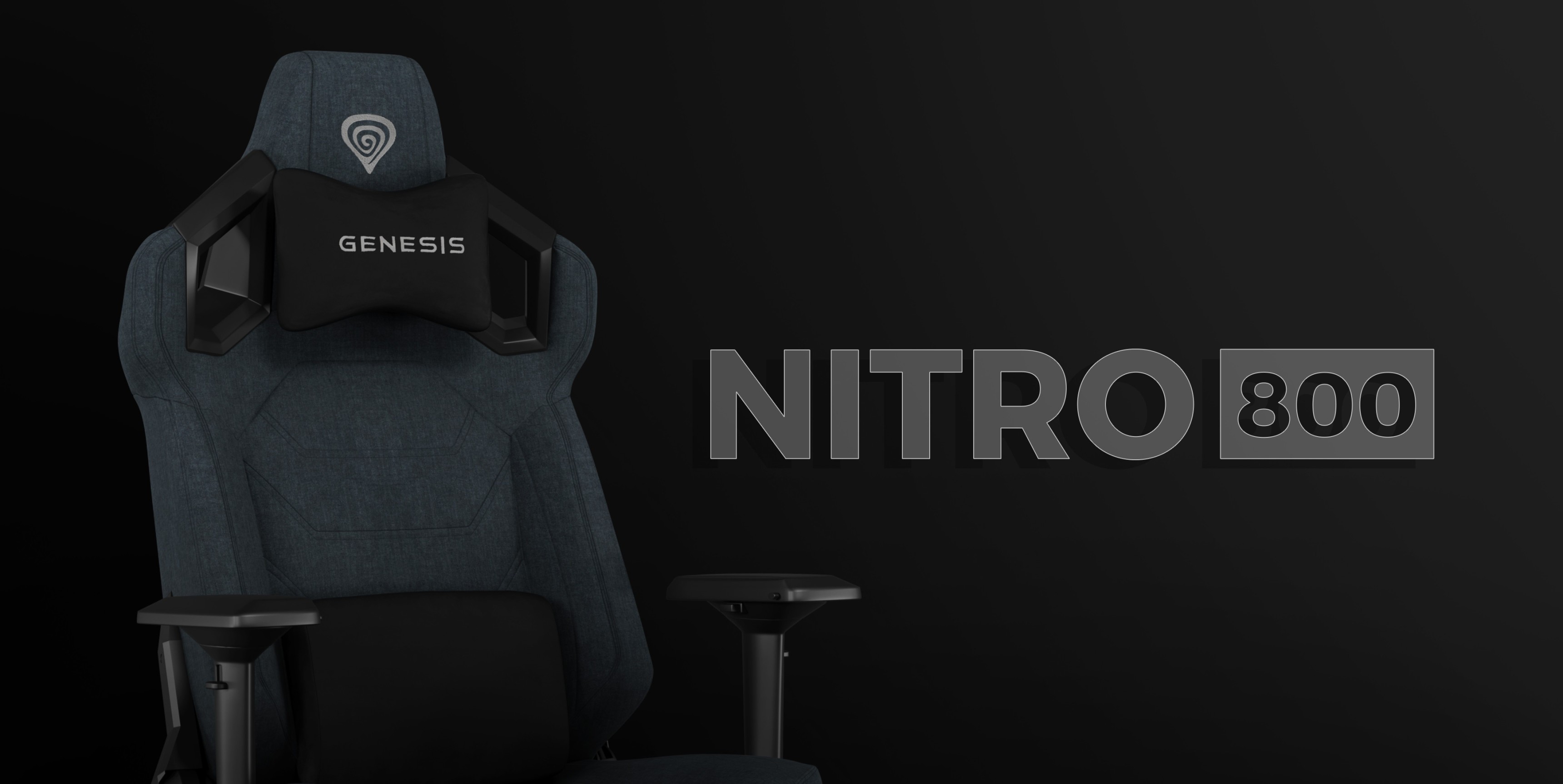 Gray gaming chair with ergonomic design, featuring the Genesis logo and adjustable armrests, set against a dark background