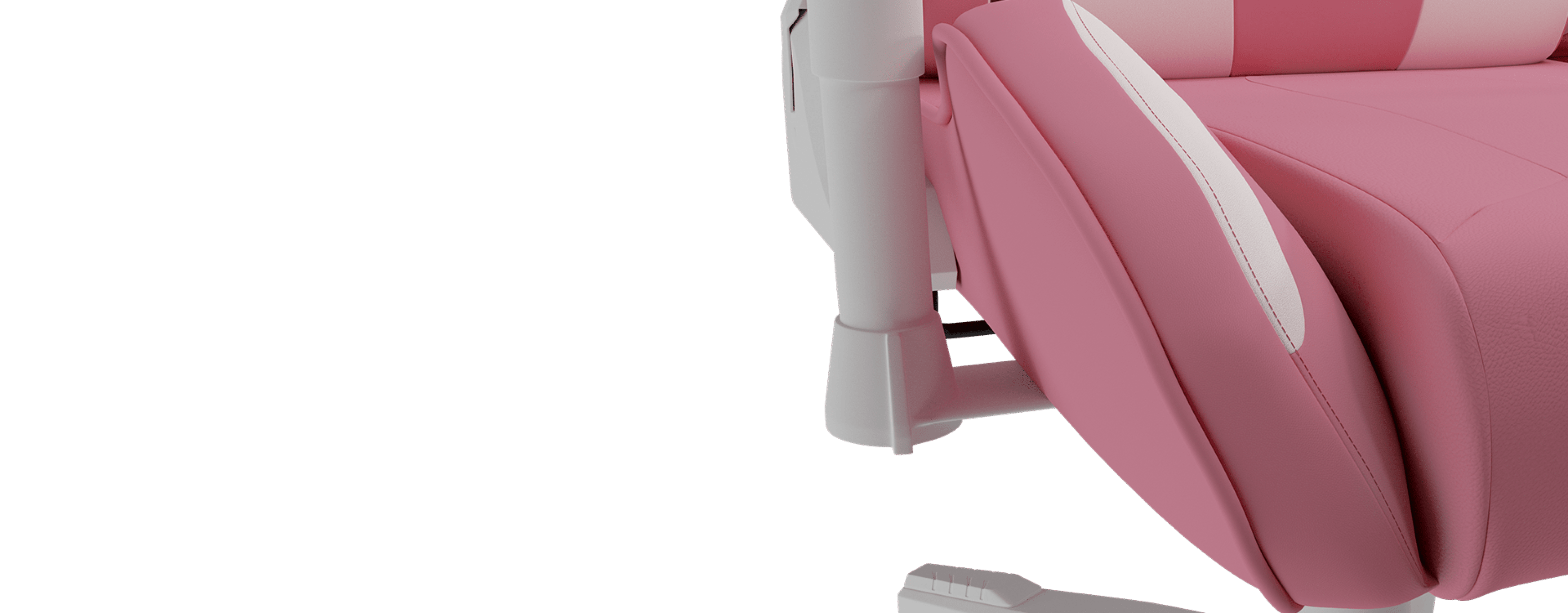Gaming chair in pink and white, featuring a modern design with adjustable armrests and comfortable padding
