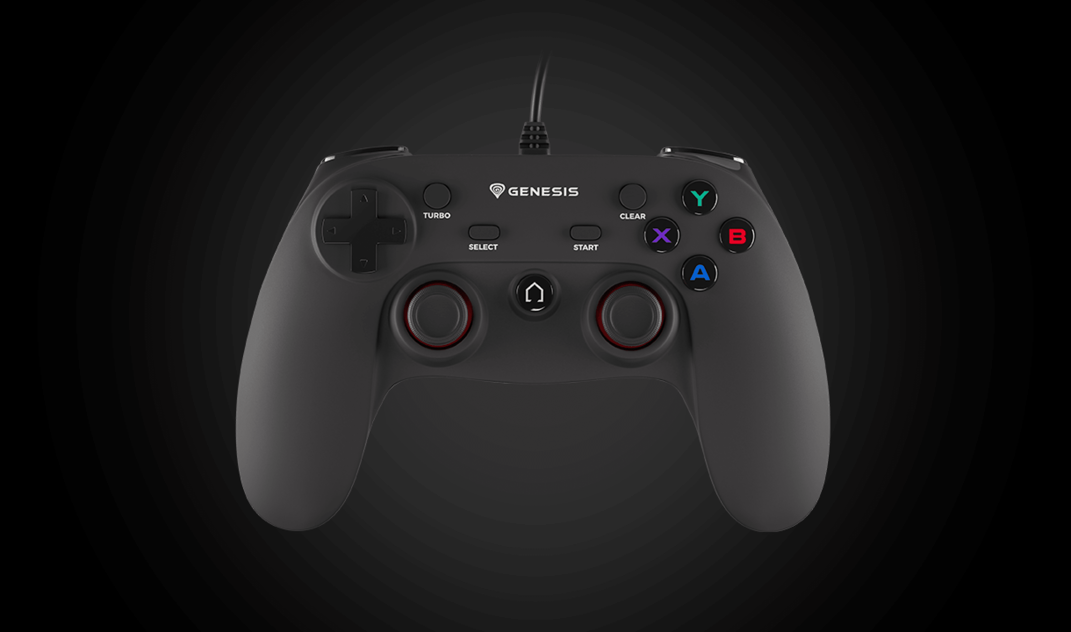 Black gaming controller with various colored action buttons and a connection cable.
