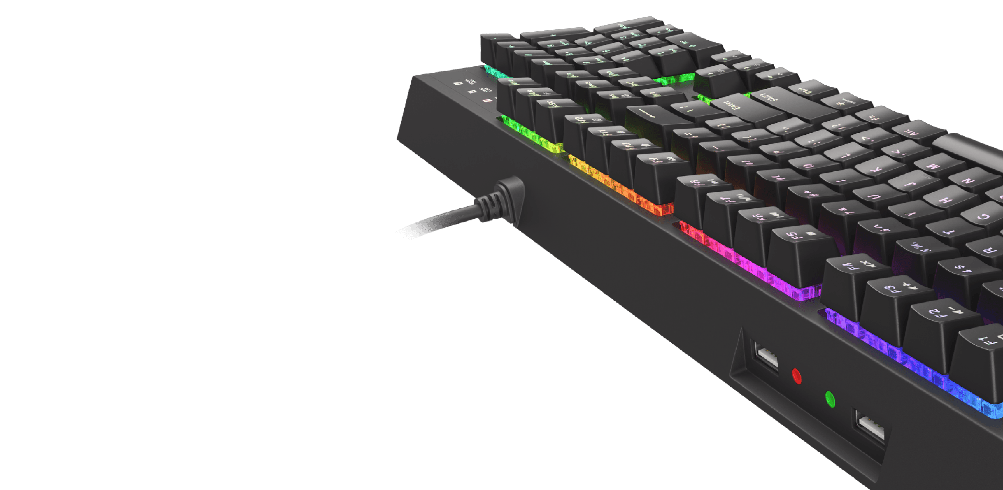 Gaming keyboard with colorful lights and a connecting cable on the side.