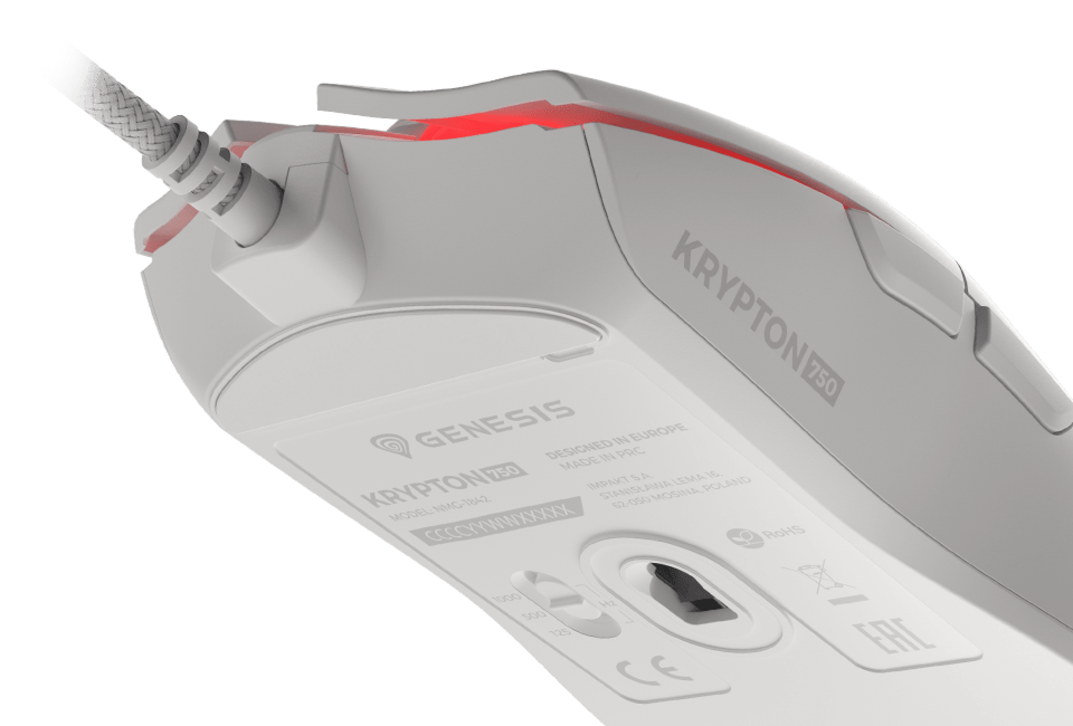 White Genesis Krypton 750 gaming mouse with RGB lighting and an 8000 DPI sensor, showcasing the underside design and cable connection