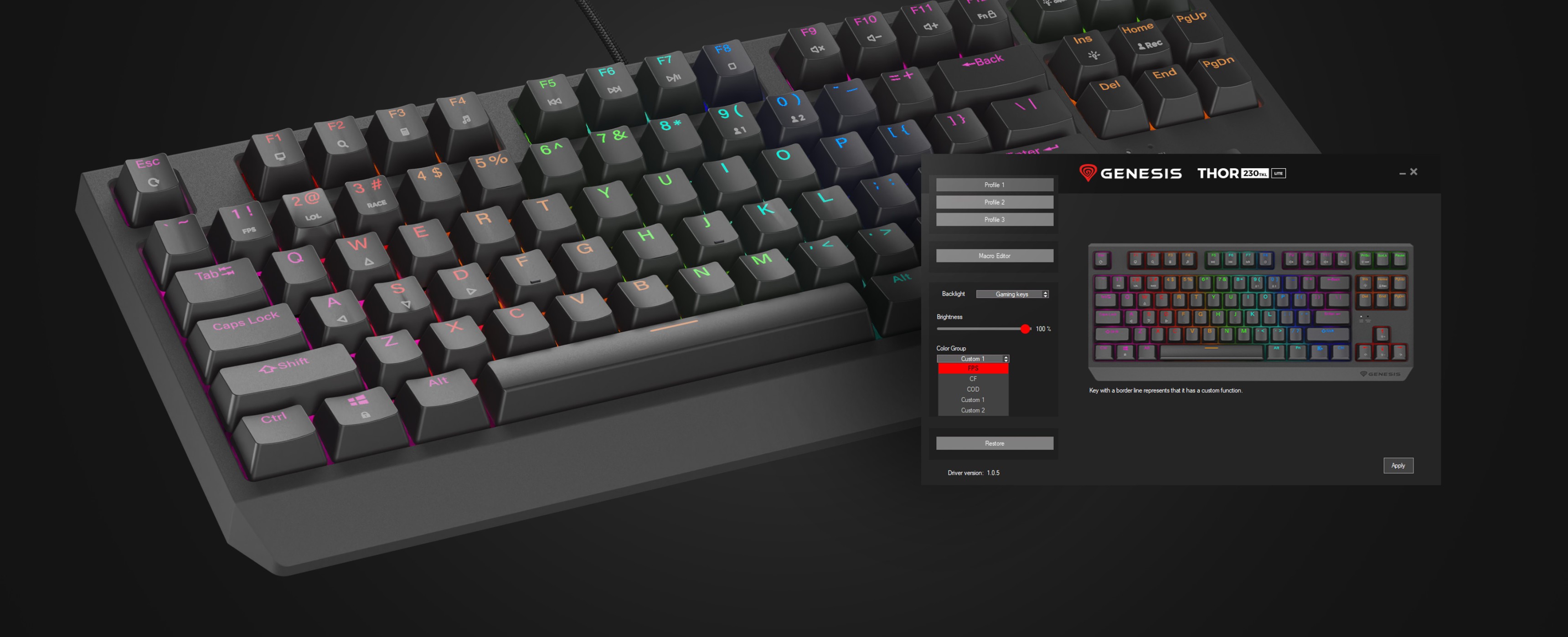 Mechanical gaming keyboard Genesis Thor 230 TKL Lite with customizable RGB lighting and software interface displayed