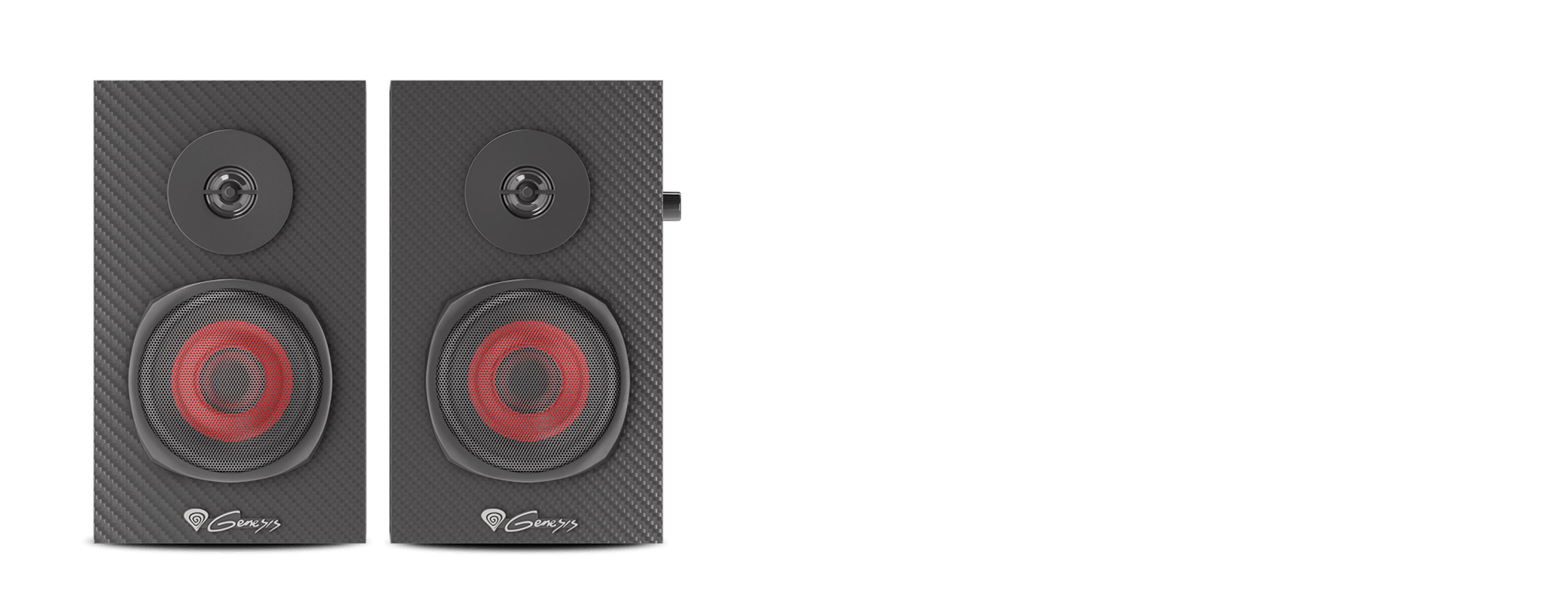 Black Genesis Helium 200 2.0 speakers featuring a sleek design with red accents and textured surfaces