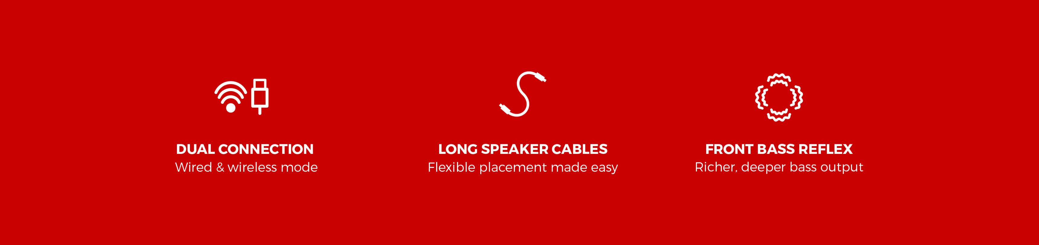 Icons highlighting features of Genesis Arsen 302BT speakers: dual connection options, long flexible speaker cables, and front bass reflex for richer sound