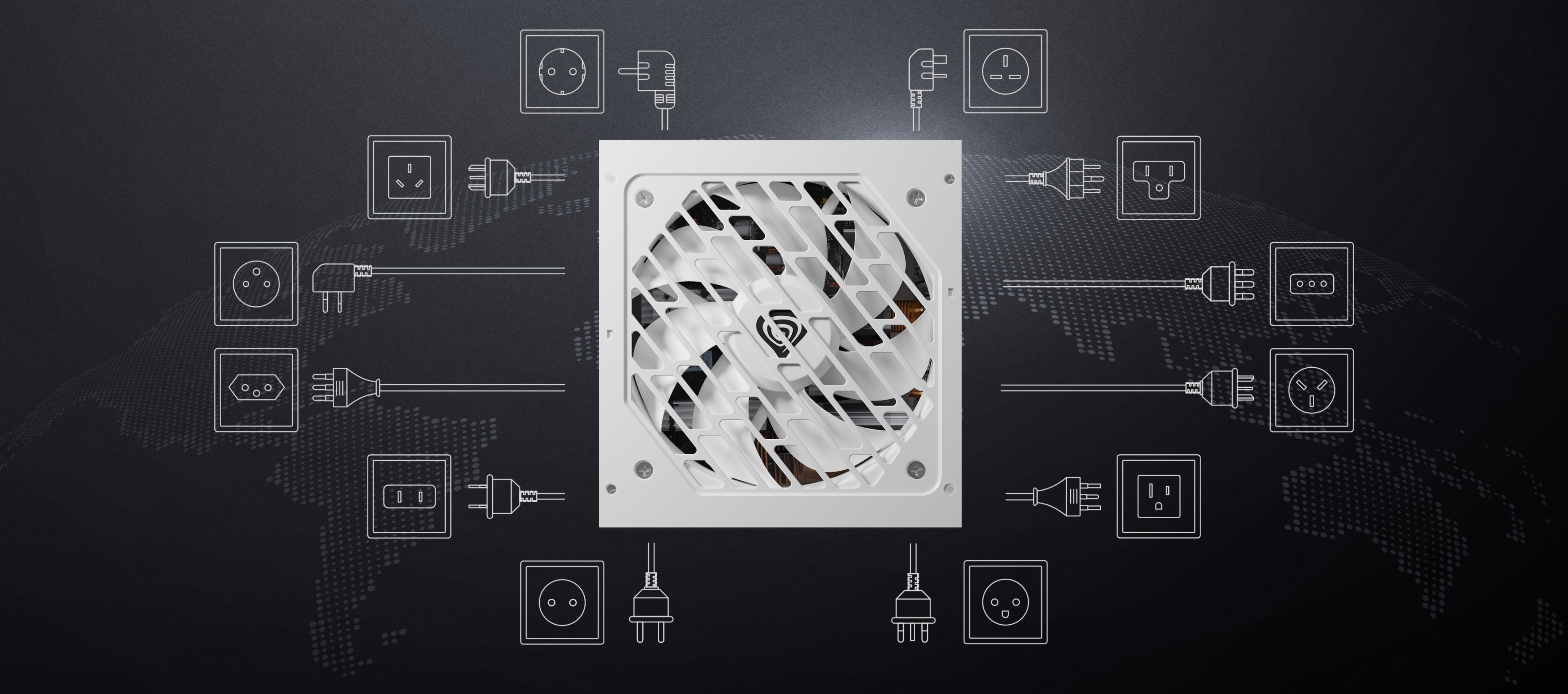 Cooling fan at the center surrounded by various styles of electrical outlets.