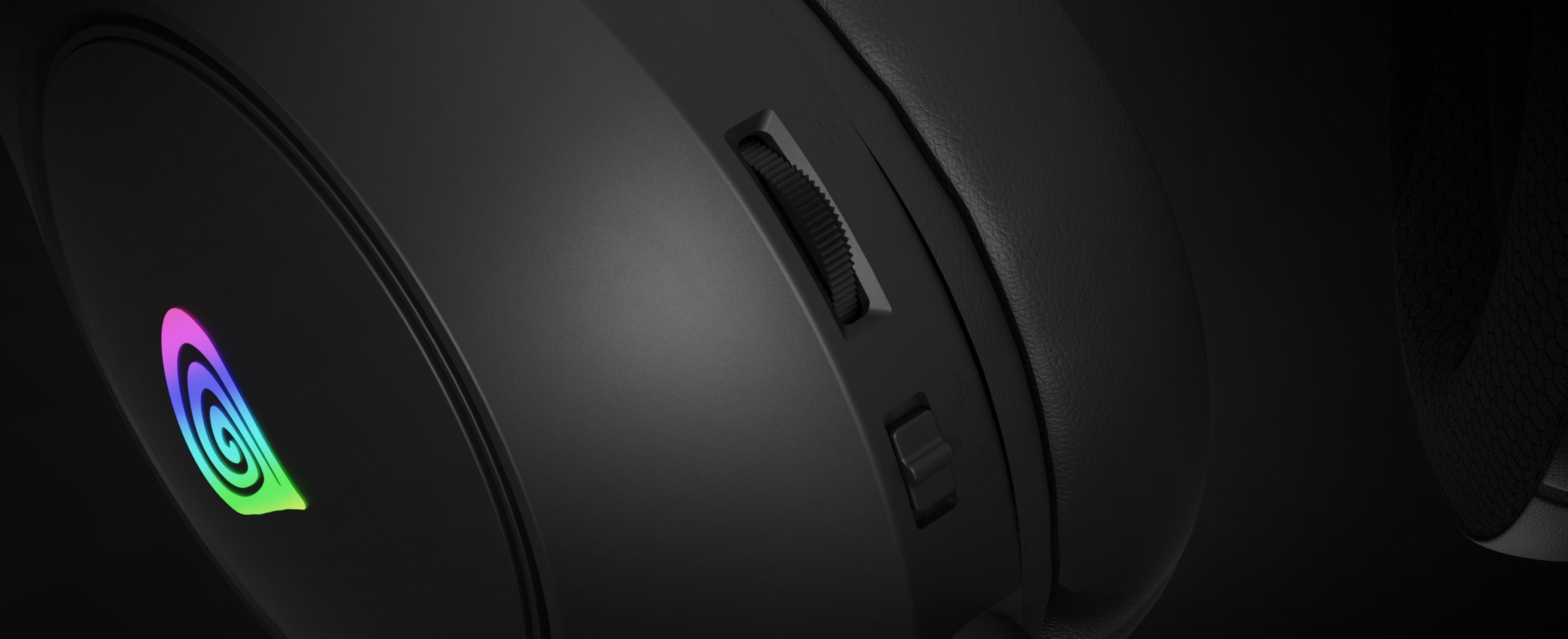 Gaming headphones with a colorful light and adjustable volume control on the side