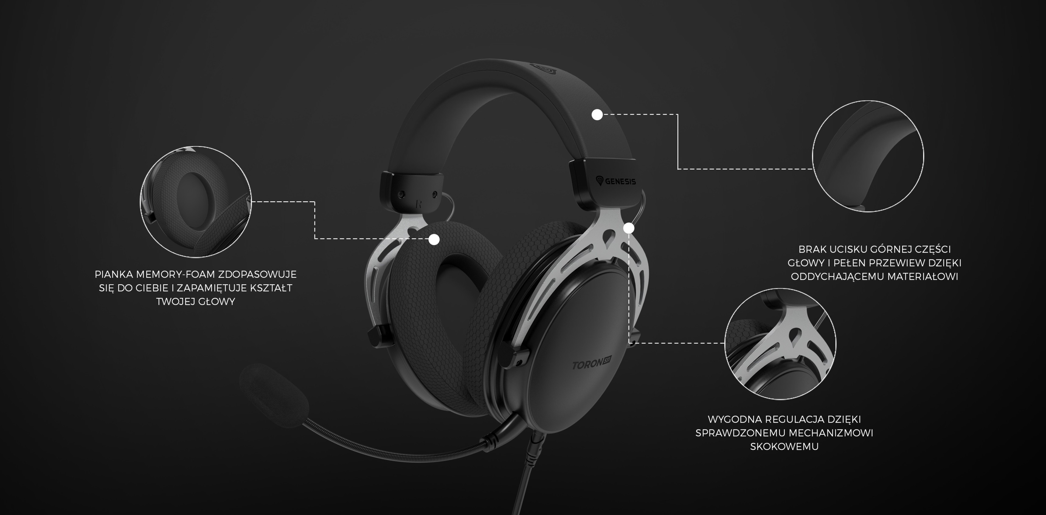 Black Genesis Toron 531 over-ear headphones with a microphone, featuring soft ear cushions and adjustable design
