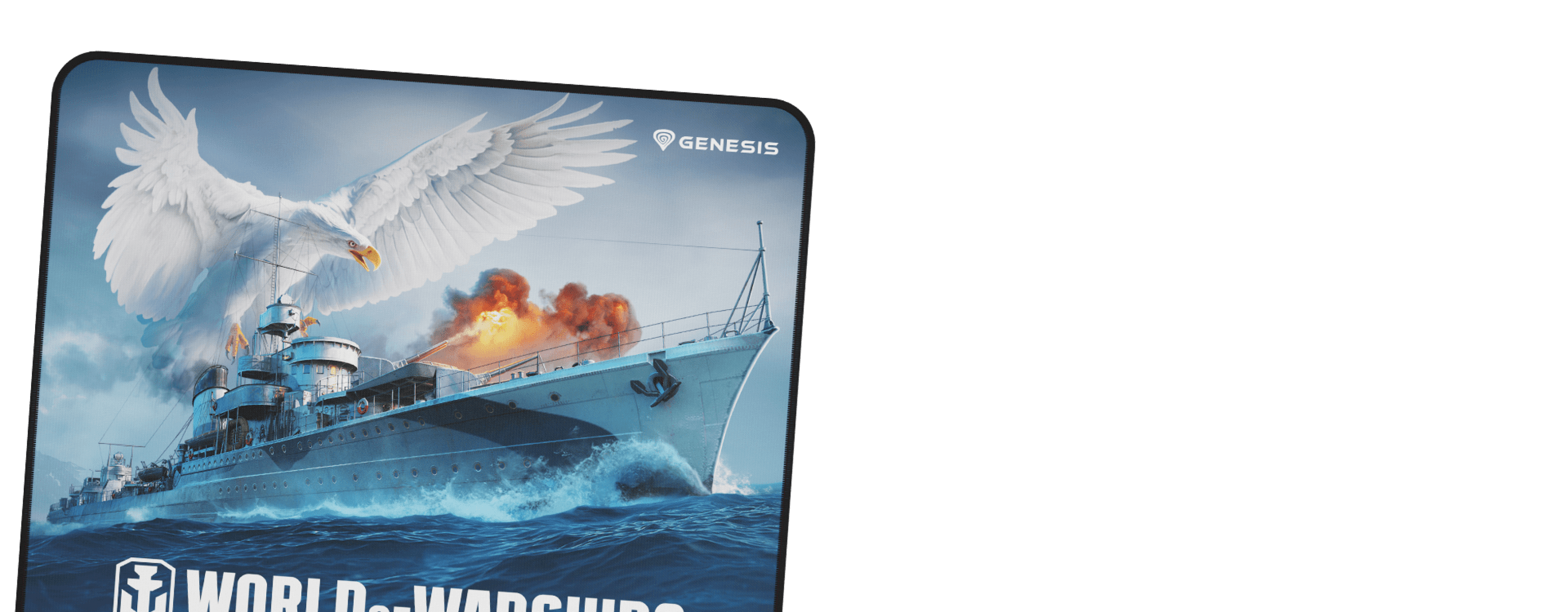 Mouse pad featuring a dramatic illustration from "World of Warships," showcasing a battleship under attack with an eagle above