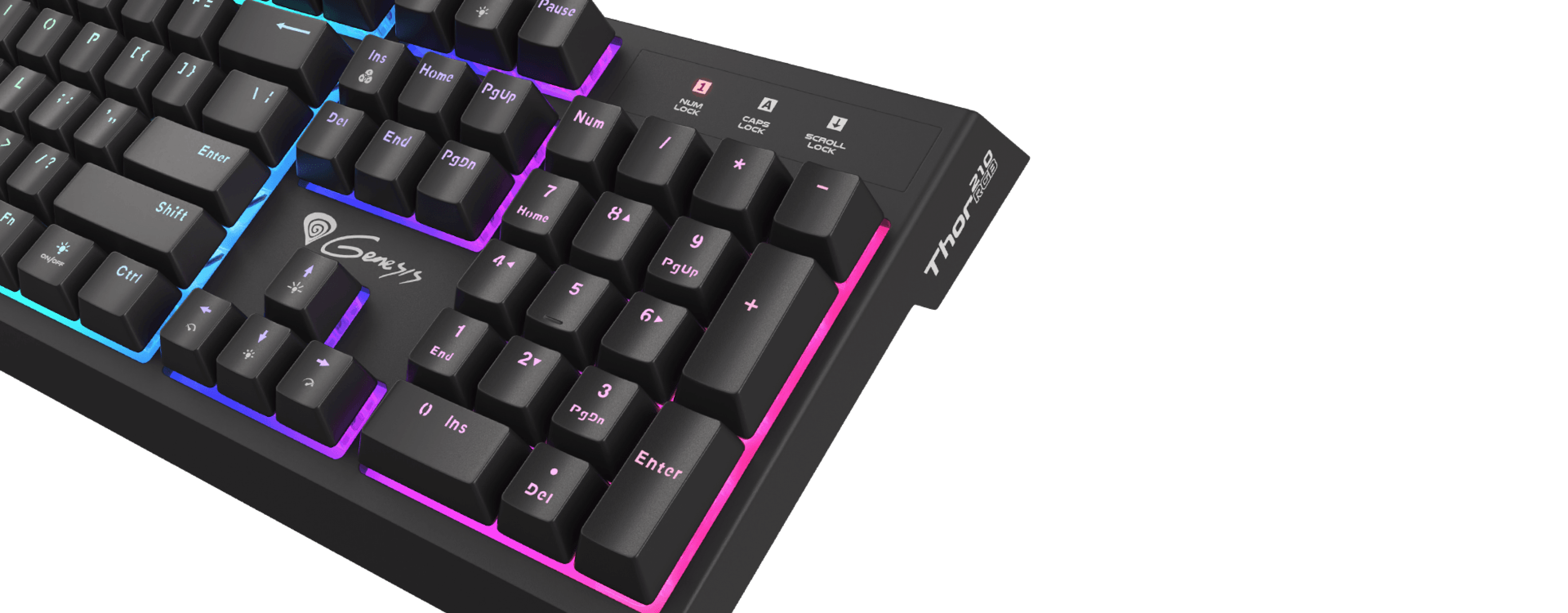Keyboard with illuminated keys and colorful lighting around the edges.