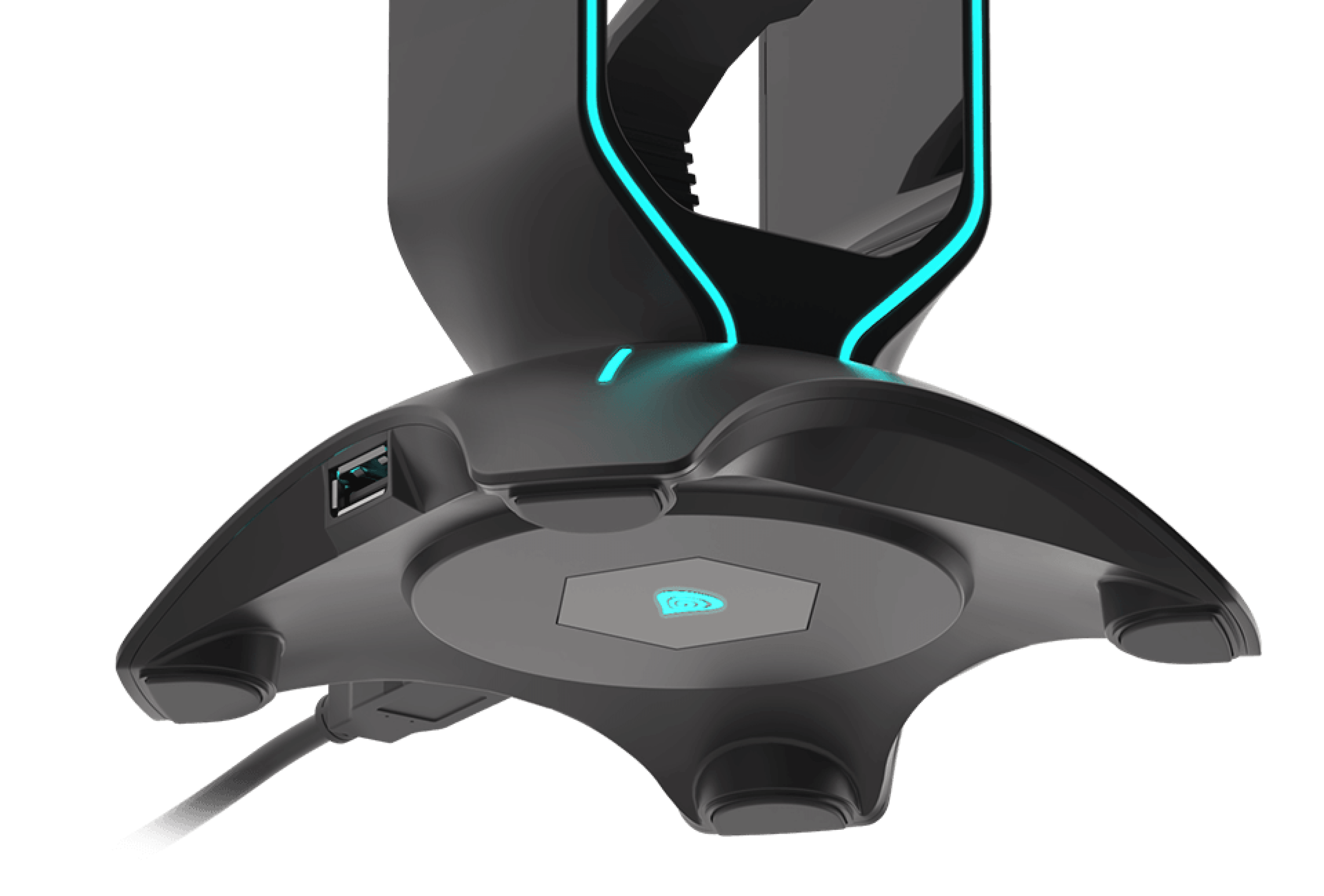 Cable management holder with USB hub and LED lighting, designed for headphones and mouse. Features a sleek, modern design