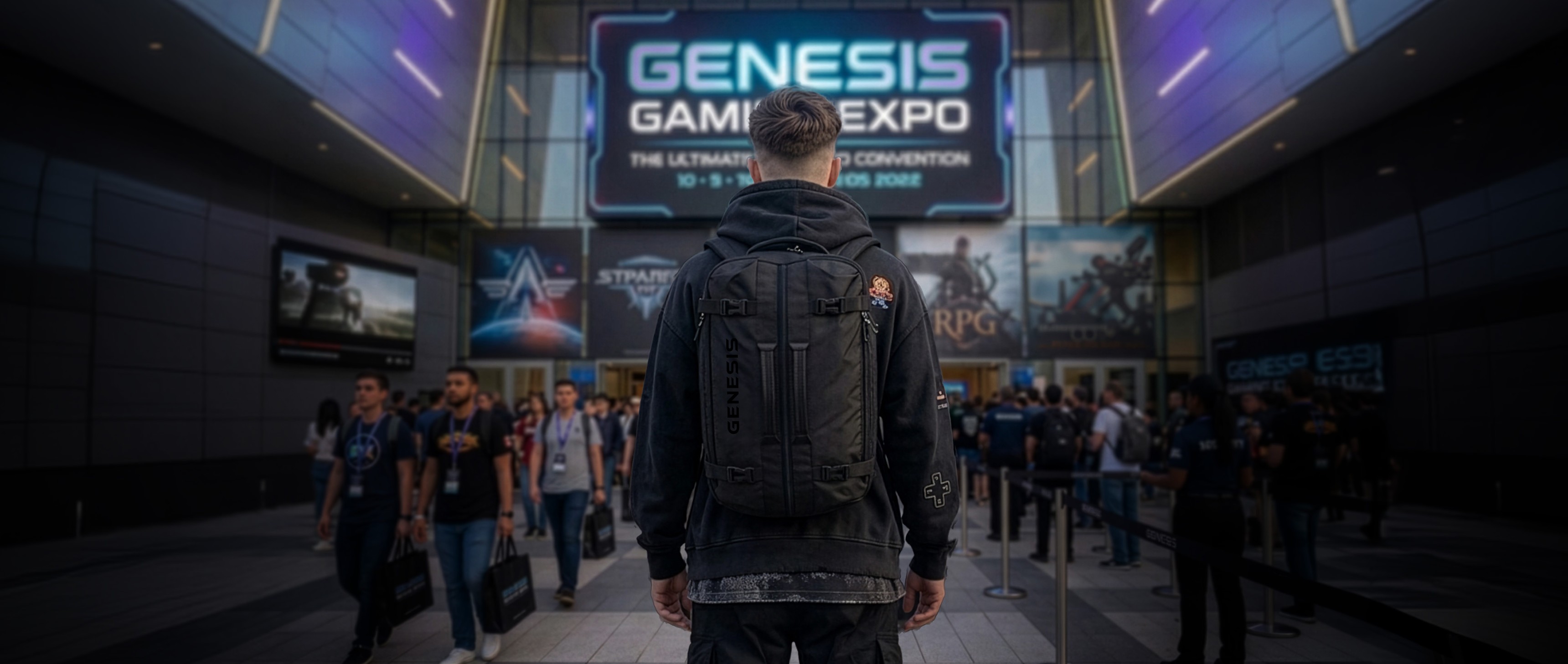 Person facing a convention entrance with a large sign and a crowd of attendees in front.