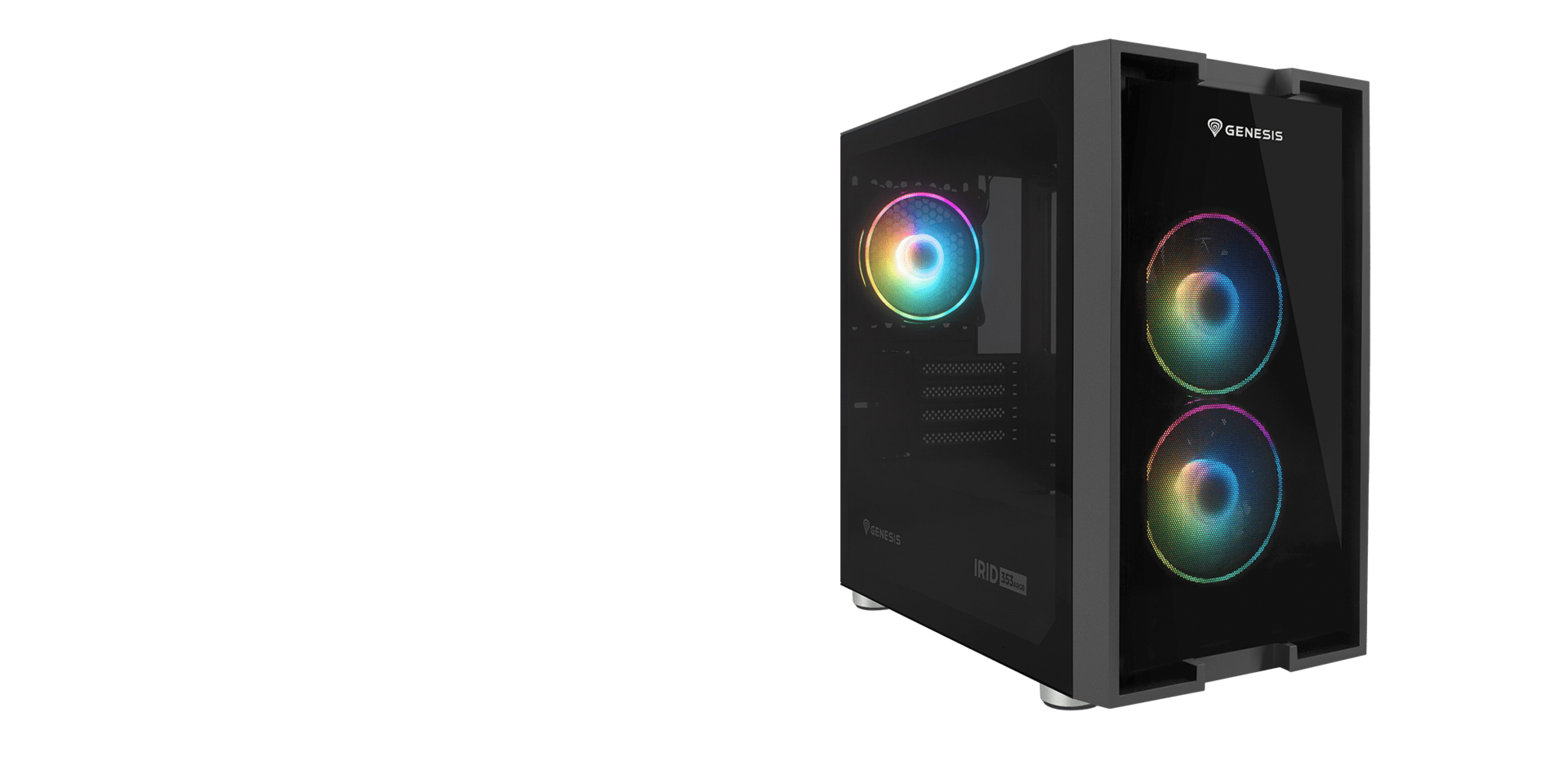 Computer case featuring three colorful fans and a transparent side panel.