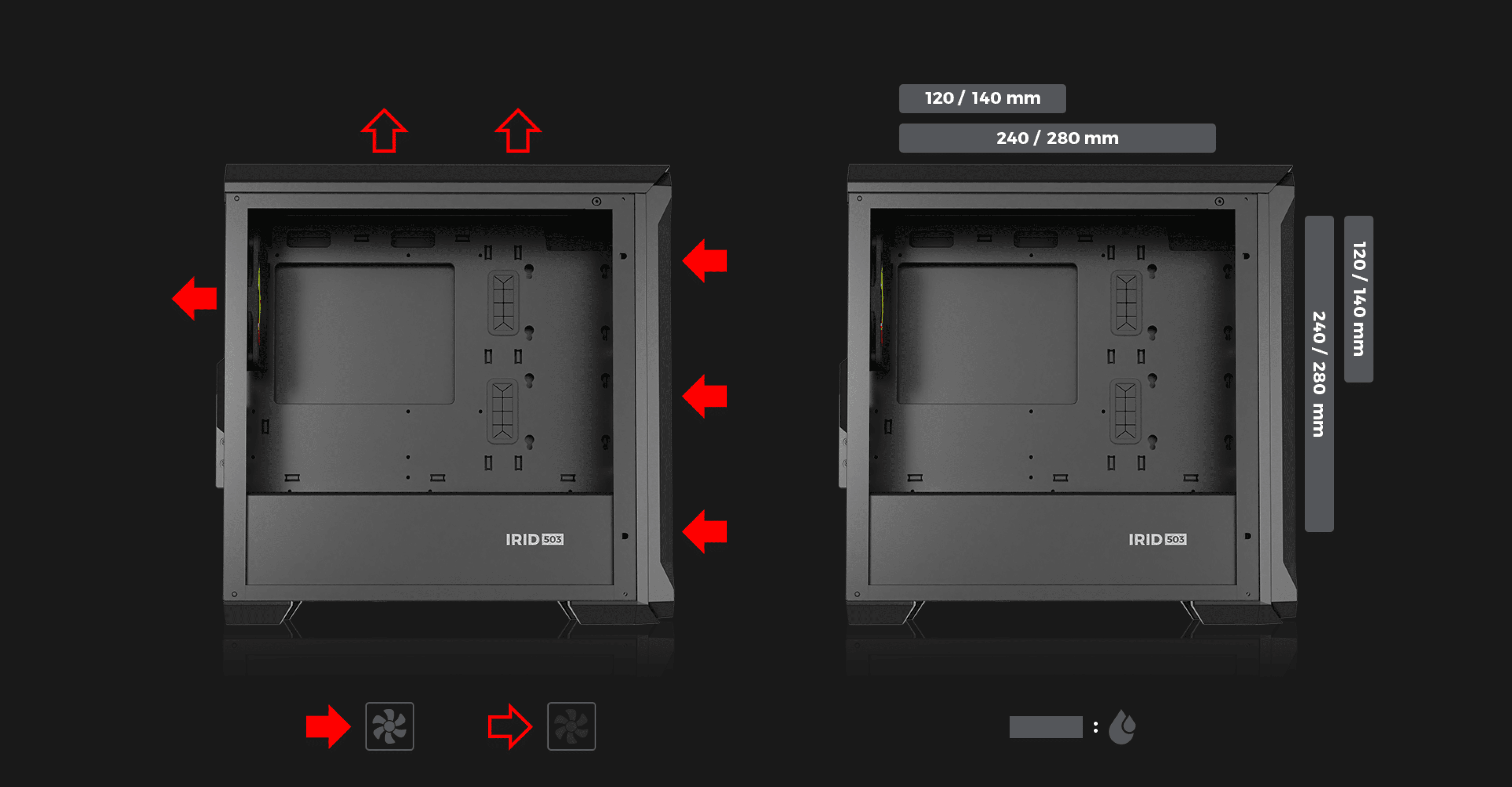 Black mini tower case with tempered glass side panel, showing internal layout and cooling options for fans and radiators